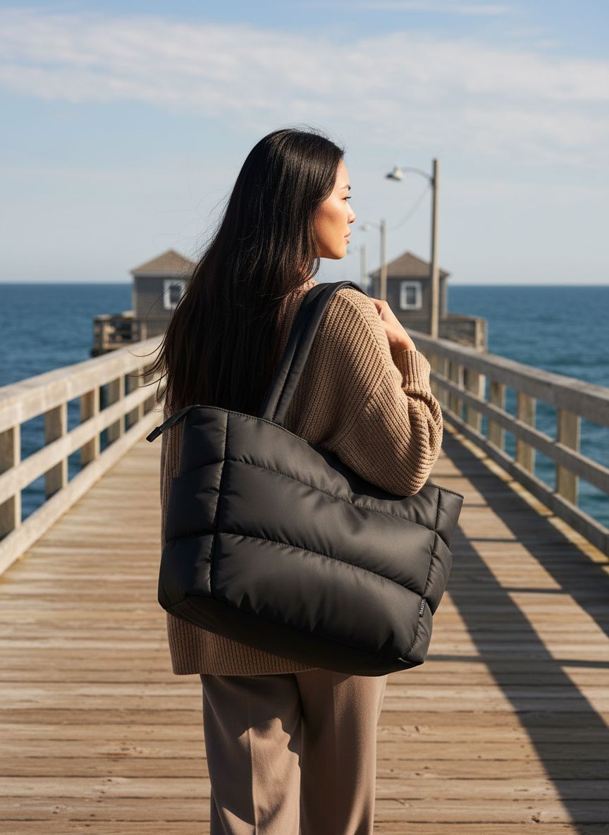 Quilted nylon puffer tote bag in neutral color with multi-pocket design — view 2