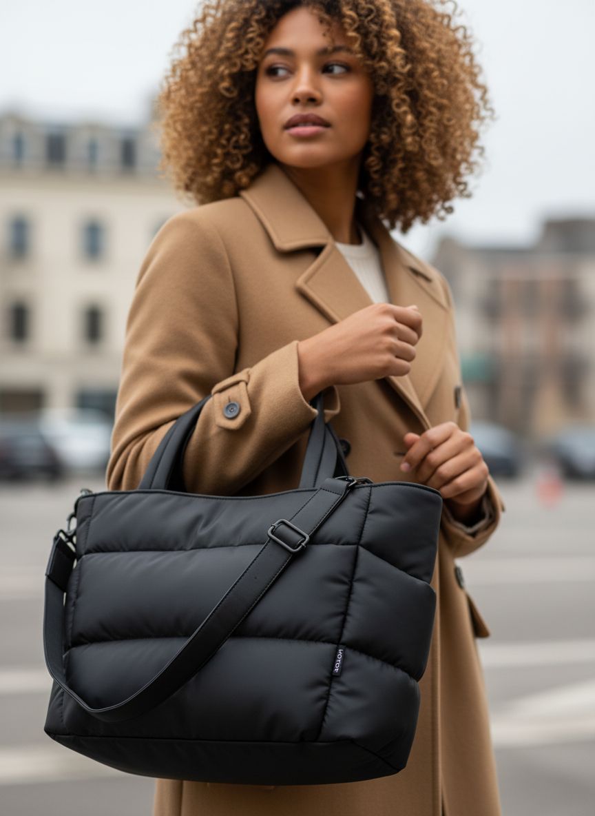 Quilted nylon puffer tote bag in neutral color with multi-pocket design — view 4