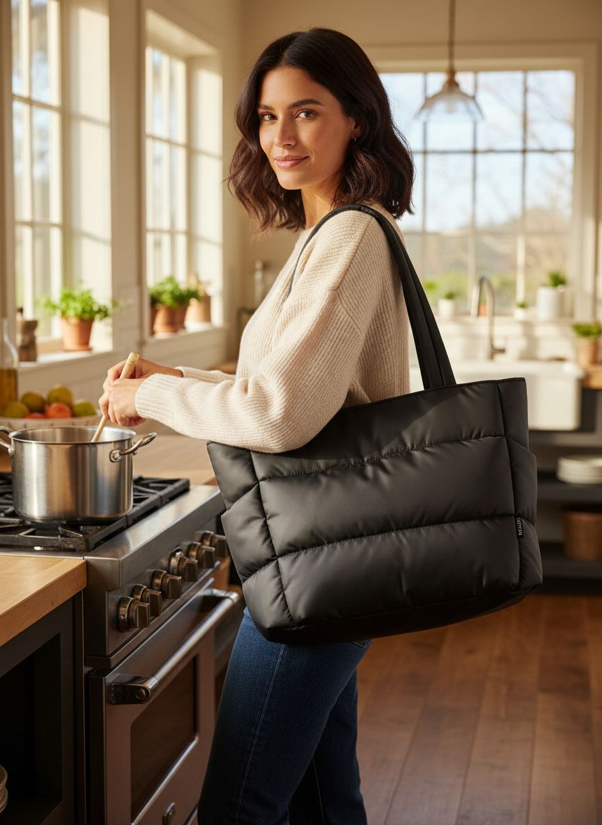 Quilted nylon puffer tote bag in neutral color with multi-pocket design — view 2