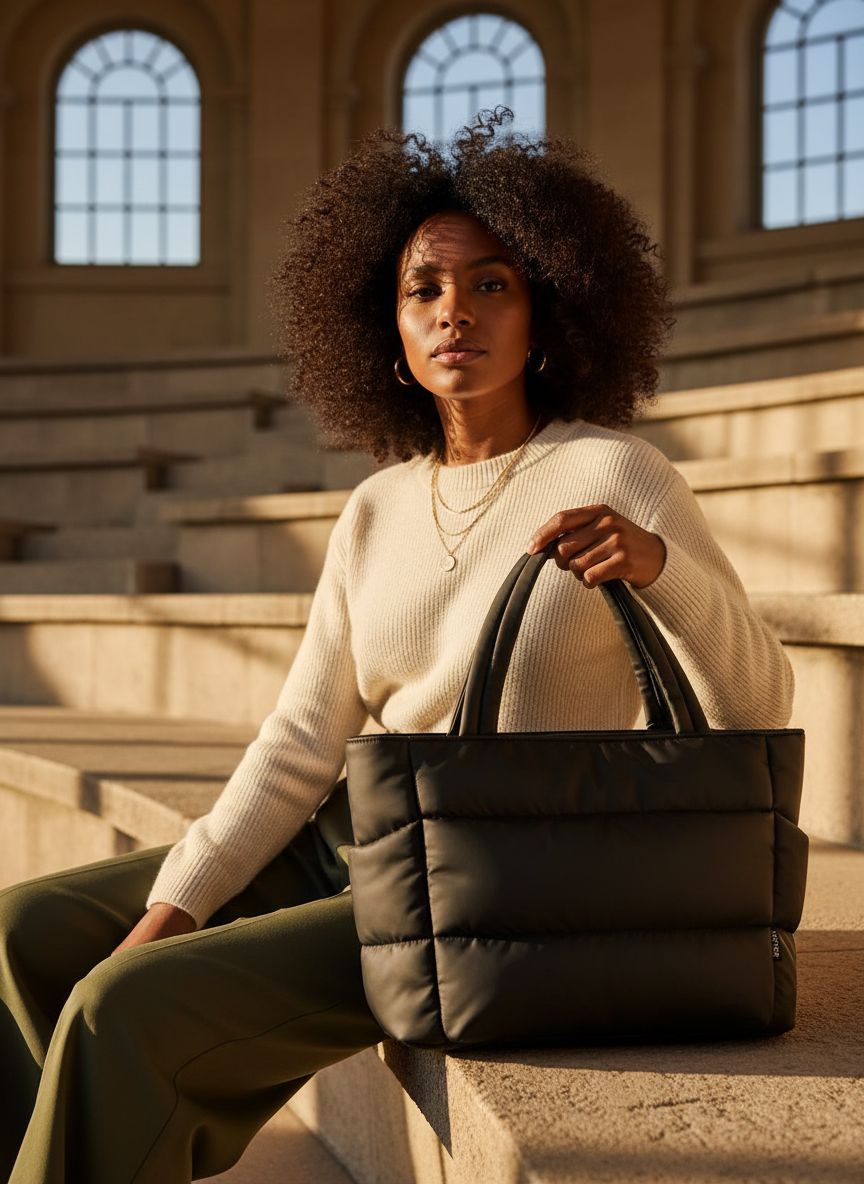 Quilted nylon puffer tote bag in neutral color with multi-pocket design — view 4