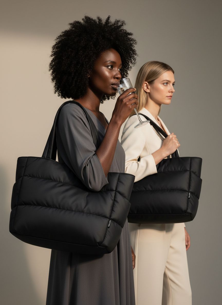 Quilted nylon puffer tote bag in neutral color with multi-pocket design — view 6