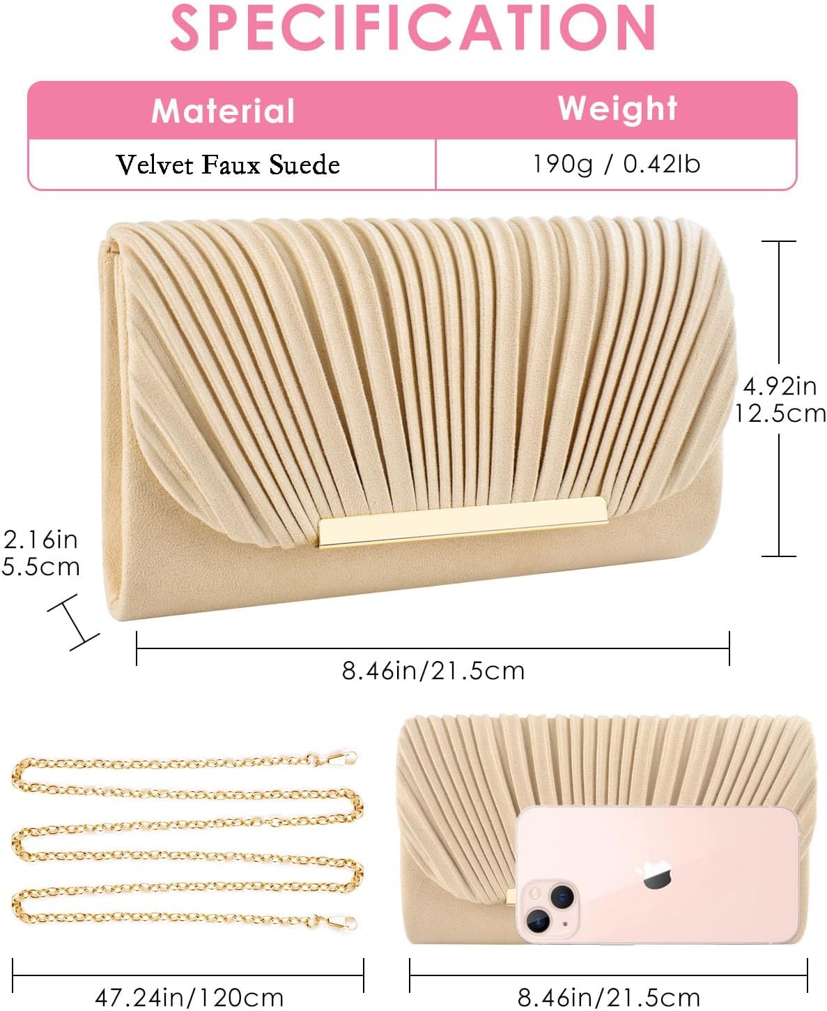 Vegan leather evening clutch in neutral, formal occasion handbag — view 4