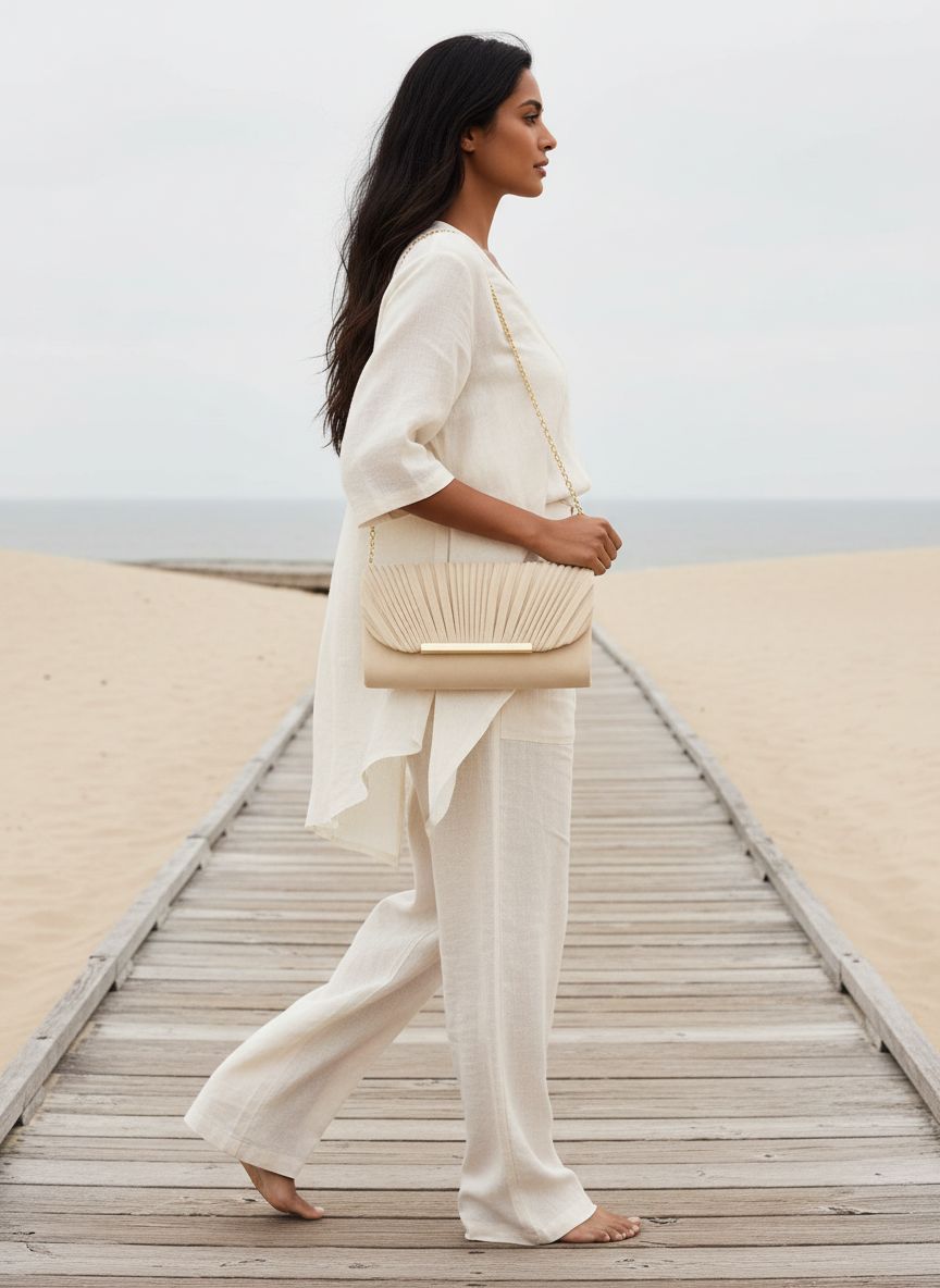 Vegan leather evening clutch in neutral, formal occasion handbag — view 3
