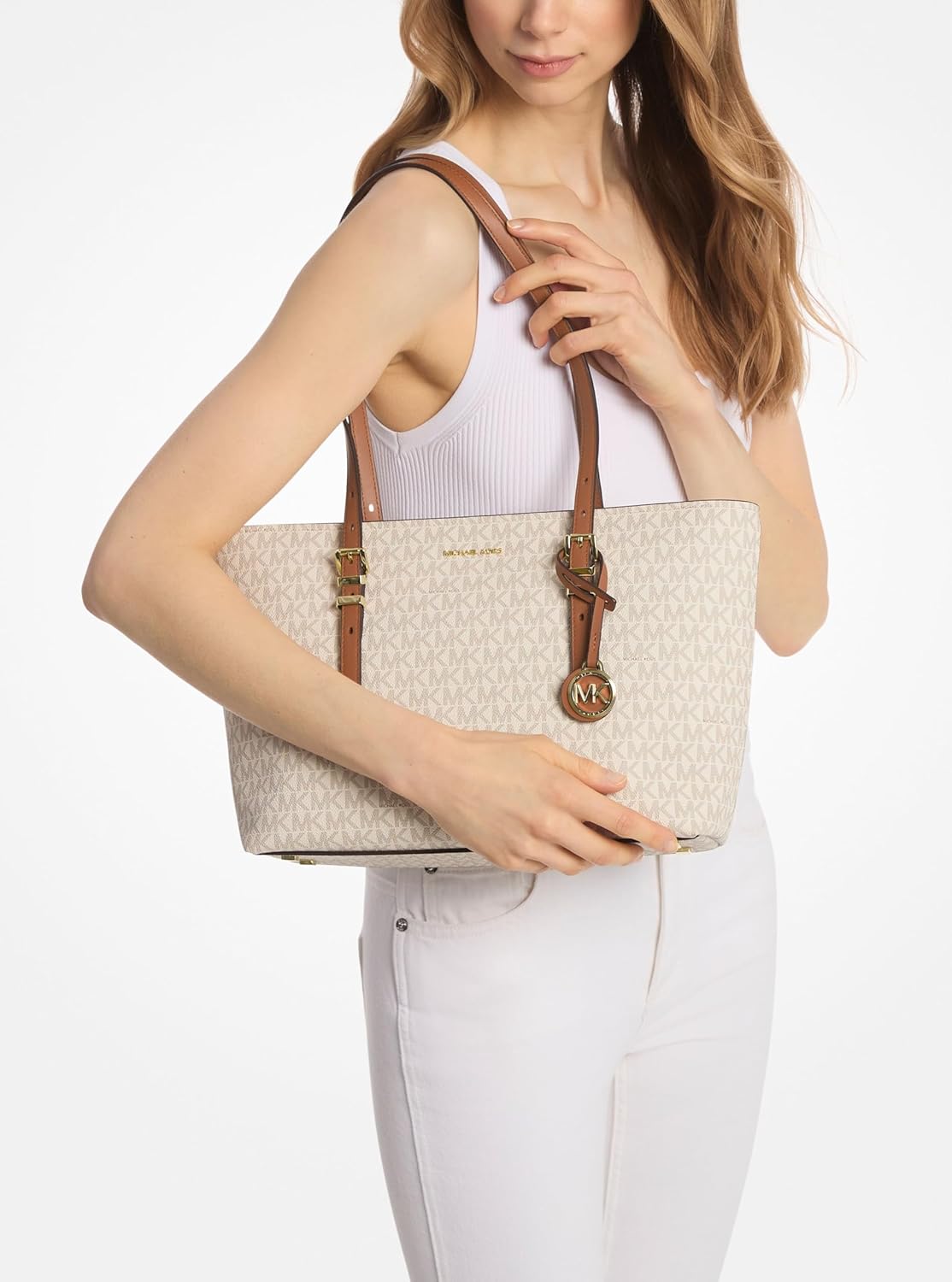 Neutral leather Quinn medium tote bag, front view — view 3