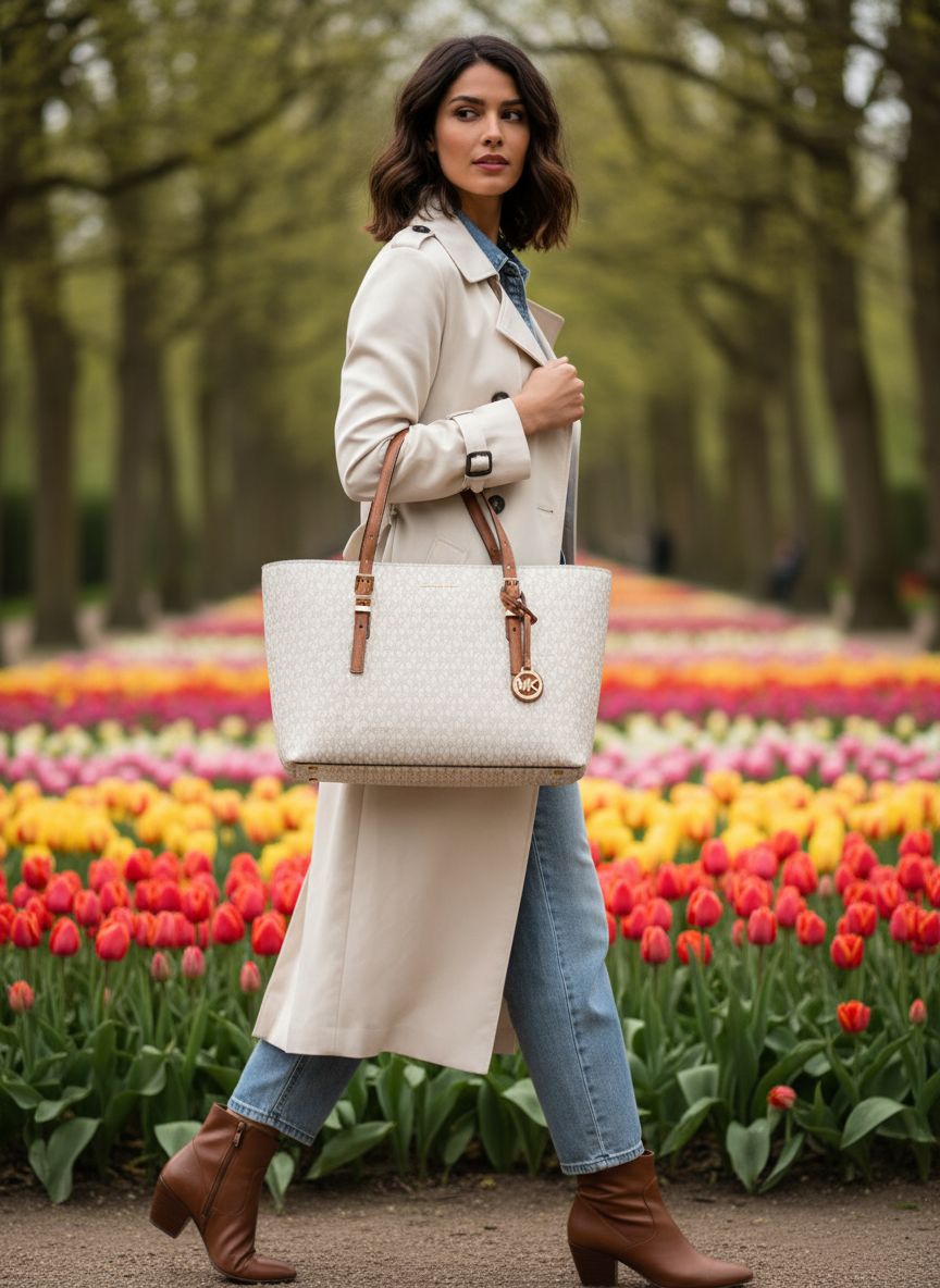 Neutral leather Quinn medium tote bag, front view — view 3