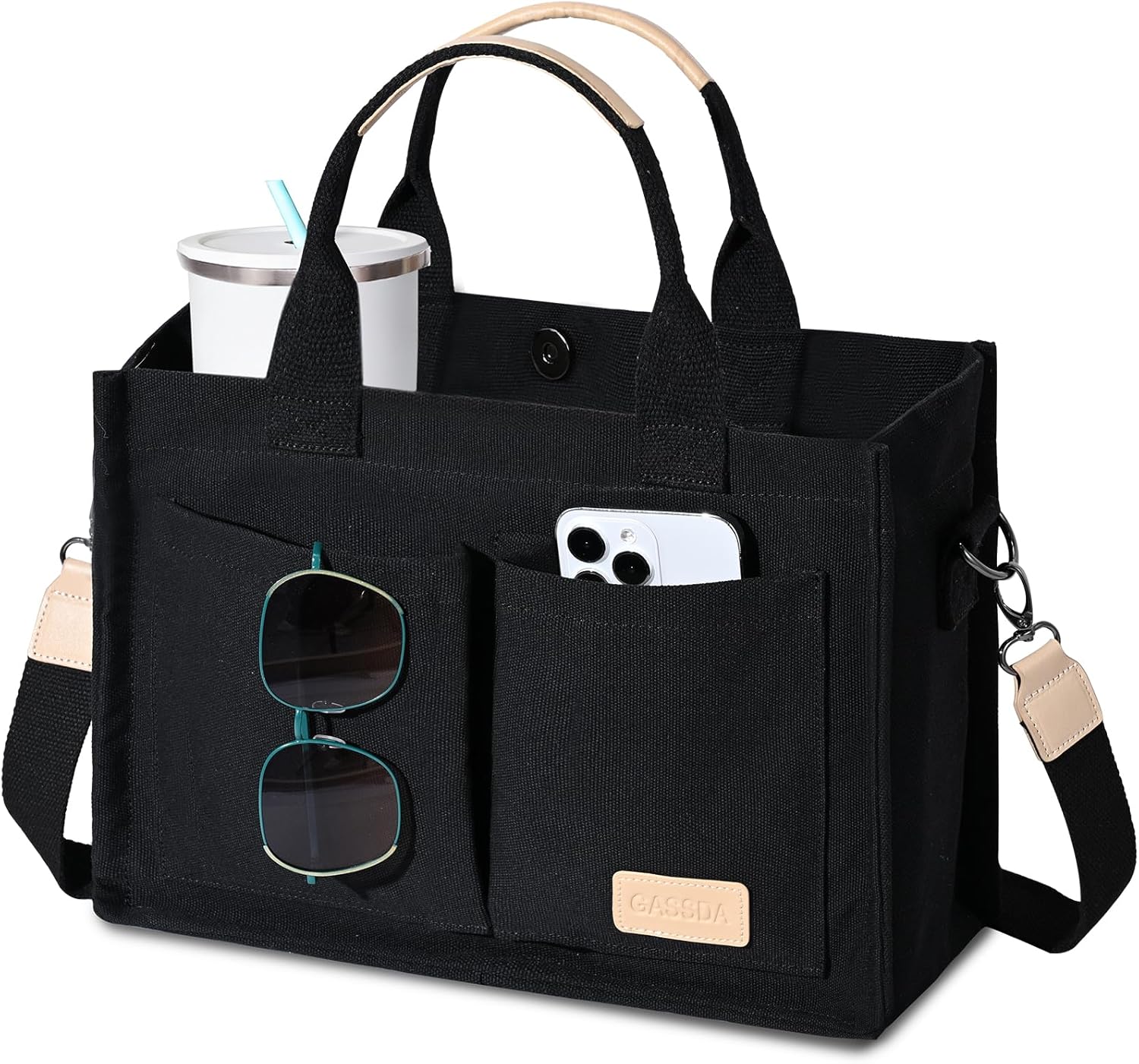 Canvas tote bag in neutral color with multiple pockets and top handles — view 1