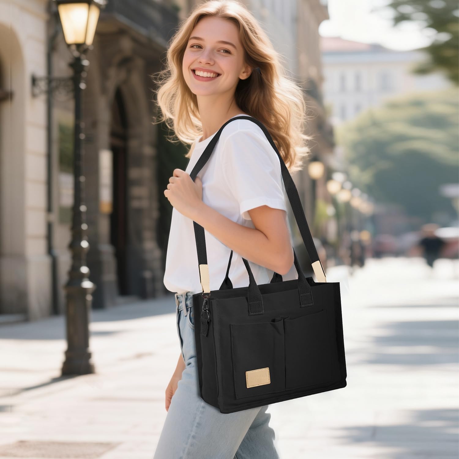 Canvas tote bag in neutral color with multiple pockets and top handles — view 2