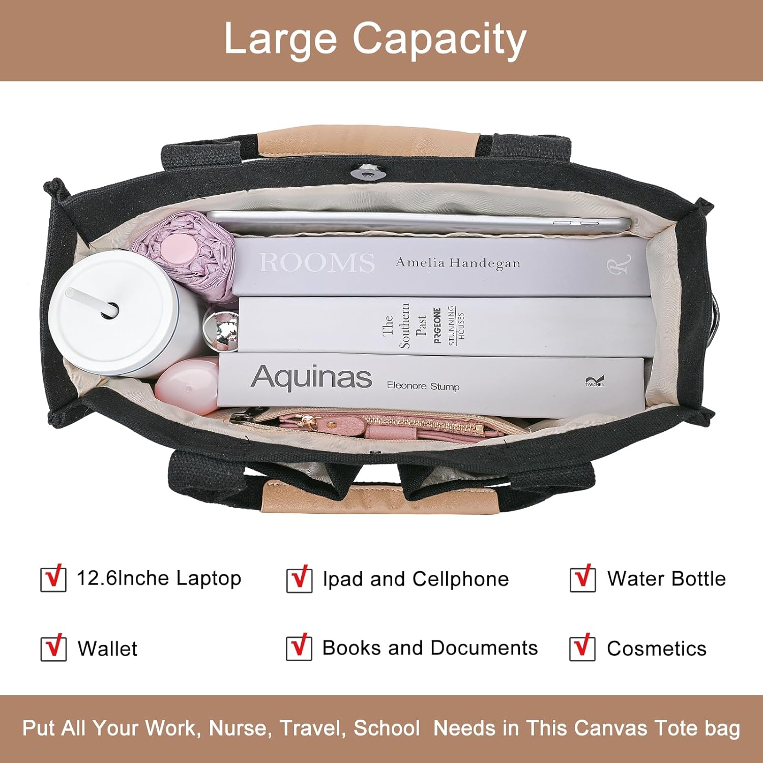 Canvas tote bag in neutral color with multiple pockets and top handles — view 2