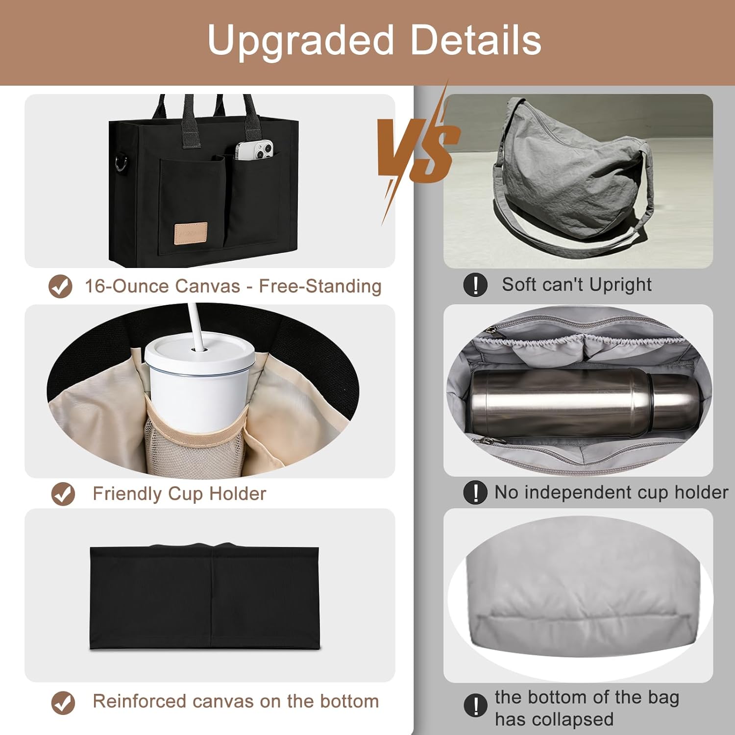 Canvas tote bag in neutral color with multiple pockets and top handles — view 3