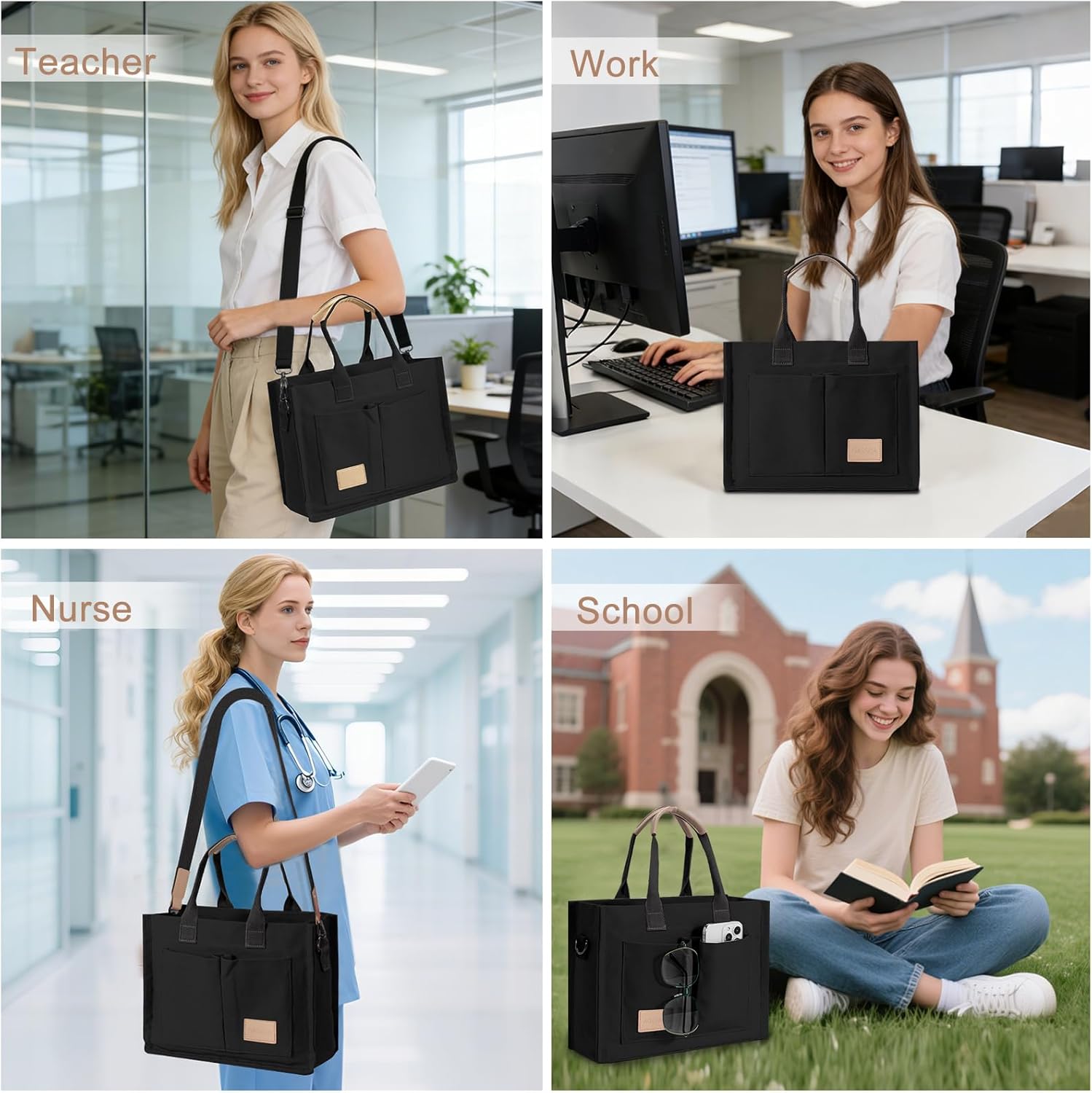 Canvas tote bag in neutral color with multiple pockets and top handles — view 5