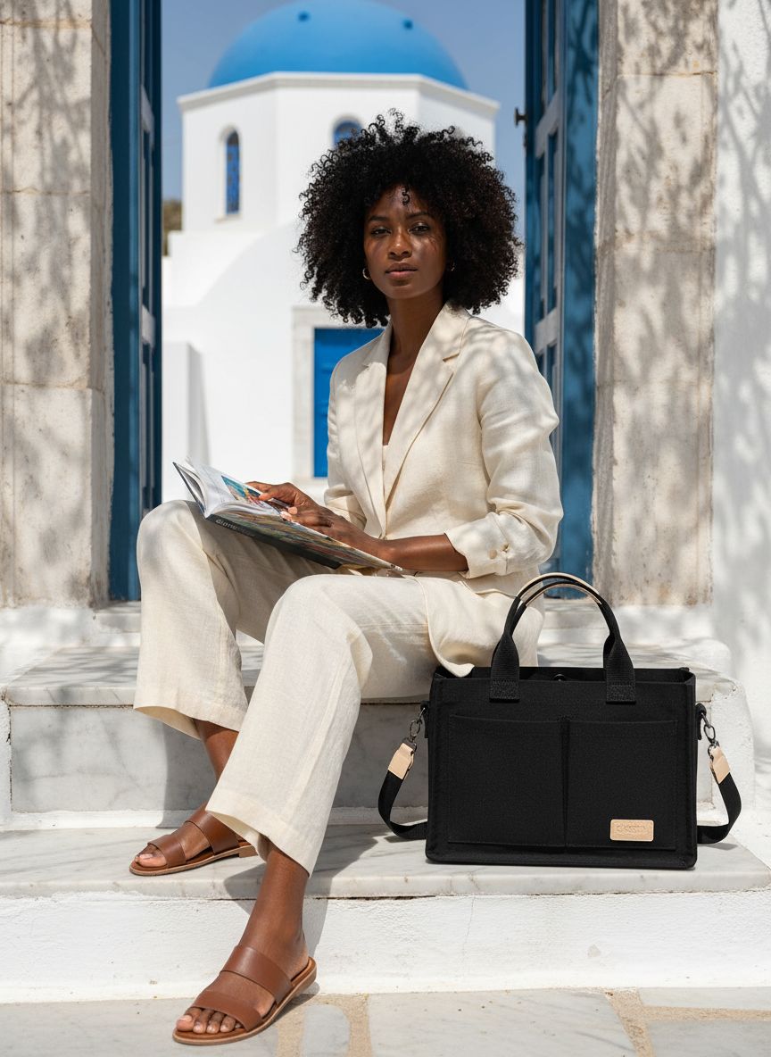 Canvas tote bag in neutral color with multiple pockets and top handles โ view 2