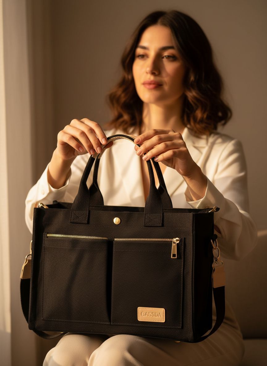 Canvas tote bag in neutral color with multiple pockets and top handles โ view 4