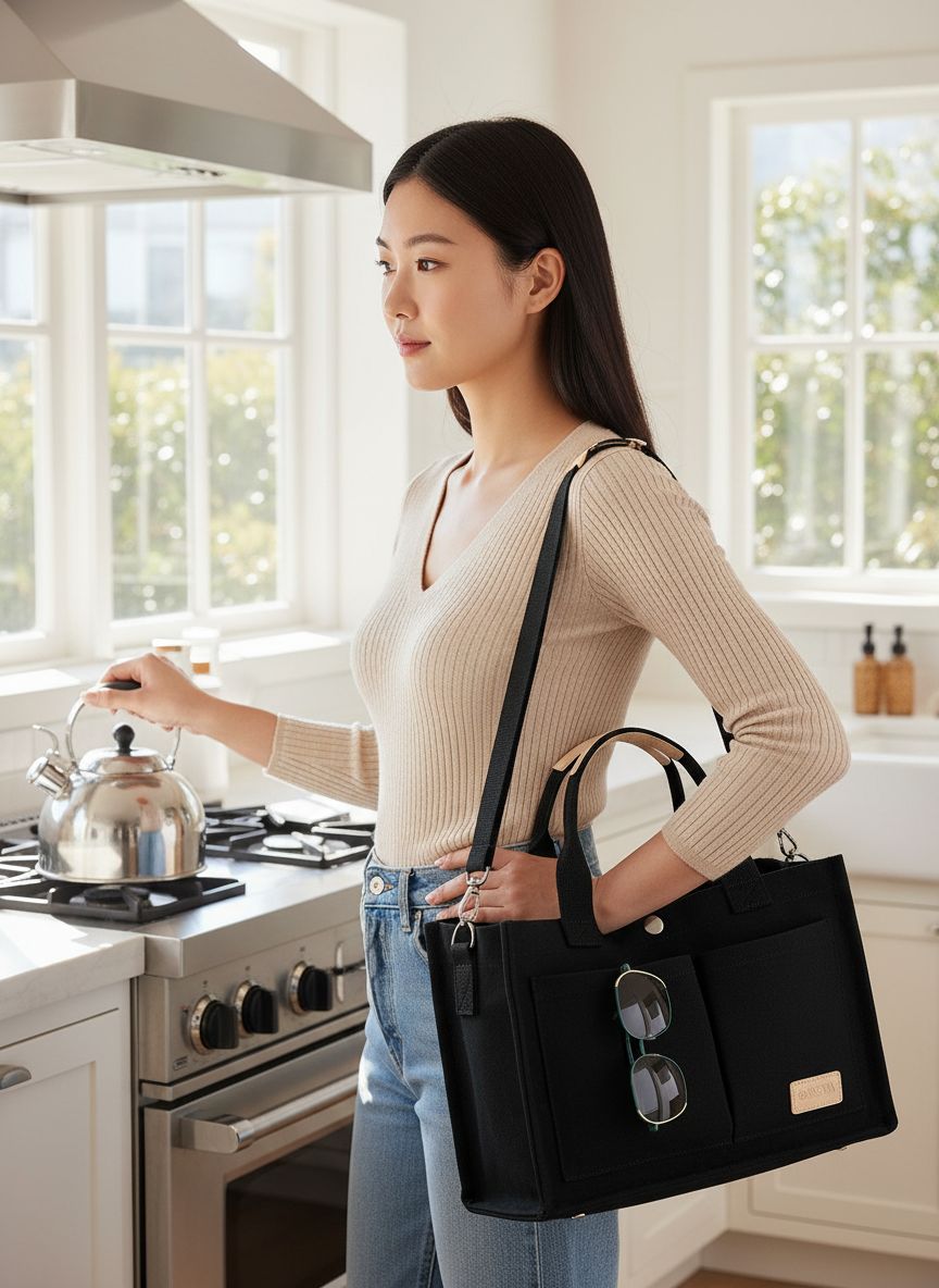 Canvas tote bag in neutral color with multiple pockets and top handles โ view 2