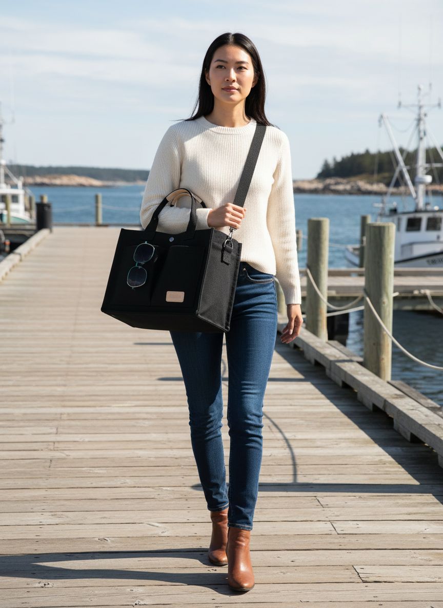 Canvas tote bag in neutral color with multiple pockets and top handles โ view 3a