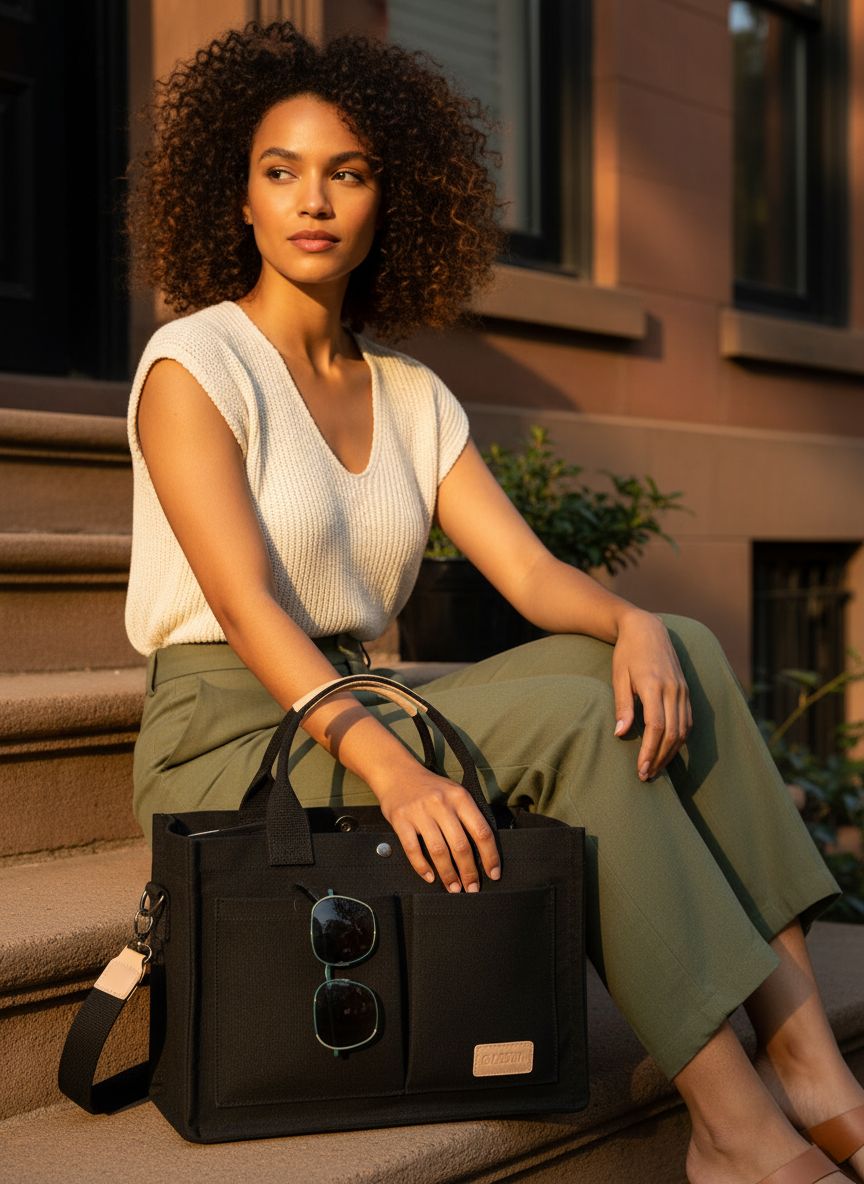 Canvas tote bag in neutral color with multiple pockets and top handles โ view 4