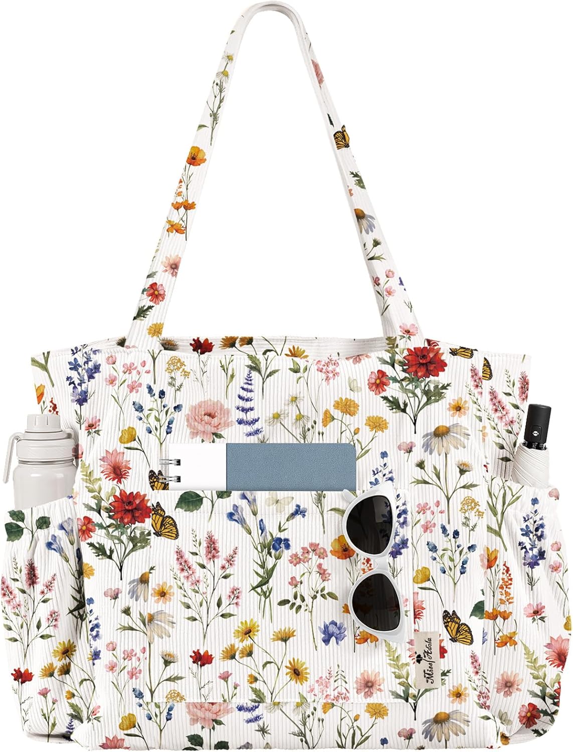 Canvas corduroy tote bag in neutral color with zipper pockets and shoulder straps — view 1