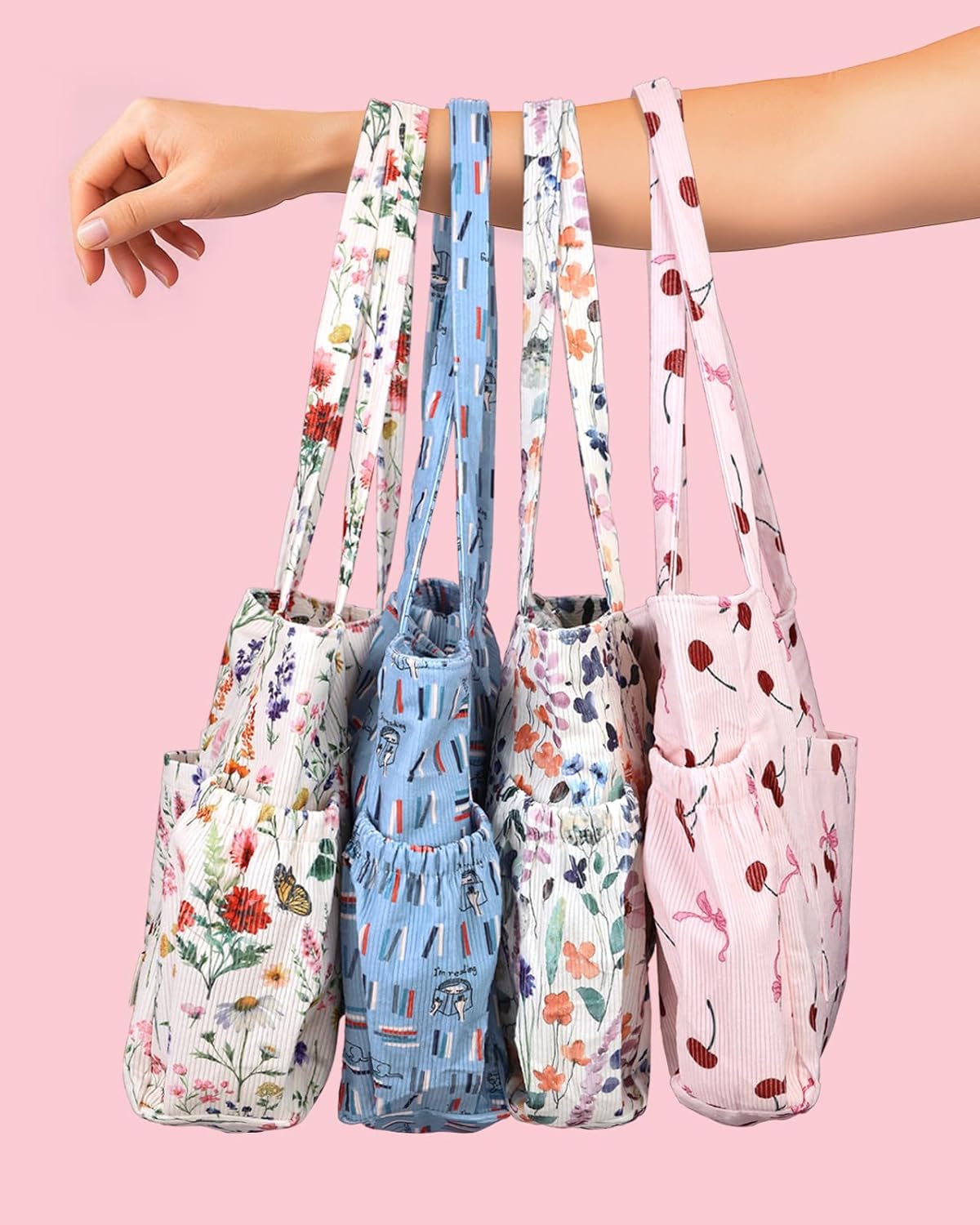 Canvas corduroy tote bag in neutral color with zipper pockets and shoulder straps — view 2