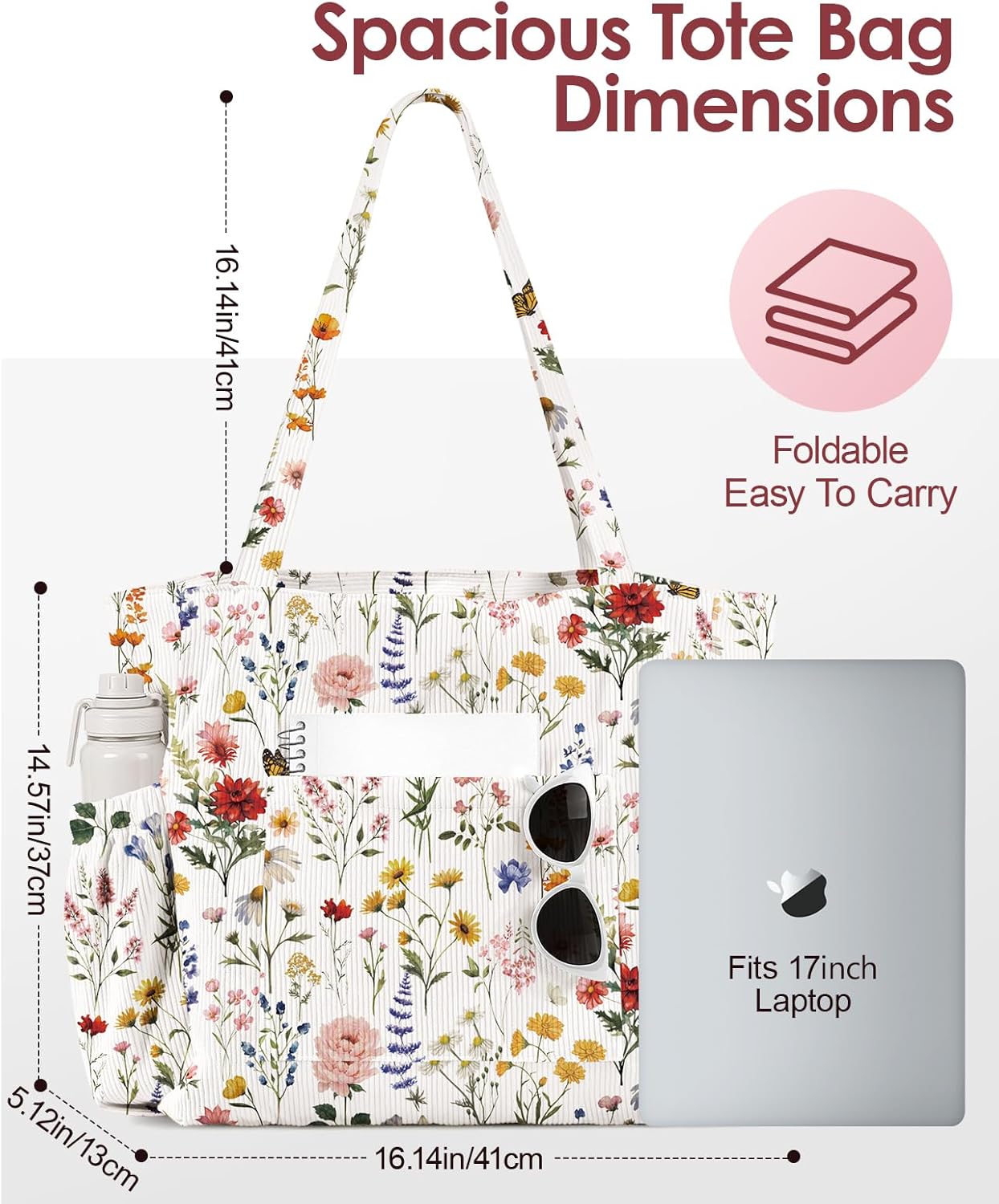 Canvas corduroy tote bag in neutral color with zipper pockets and shoulder straps — view 4