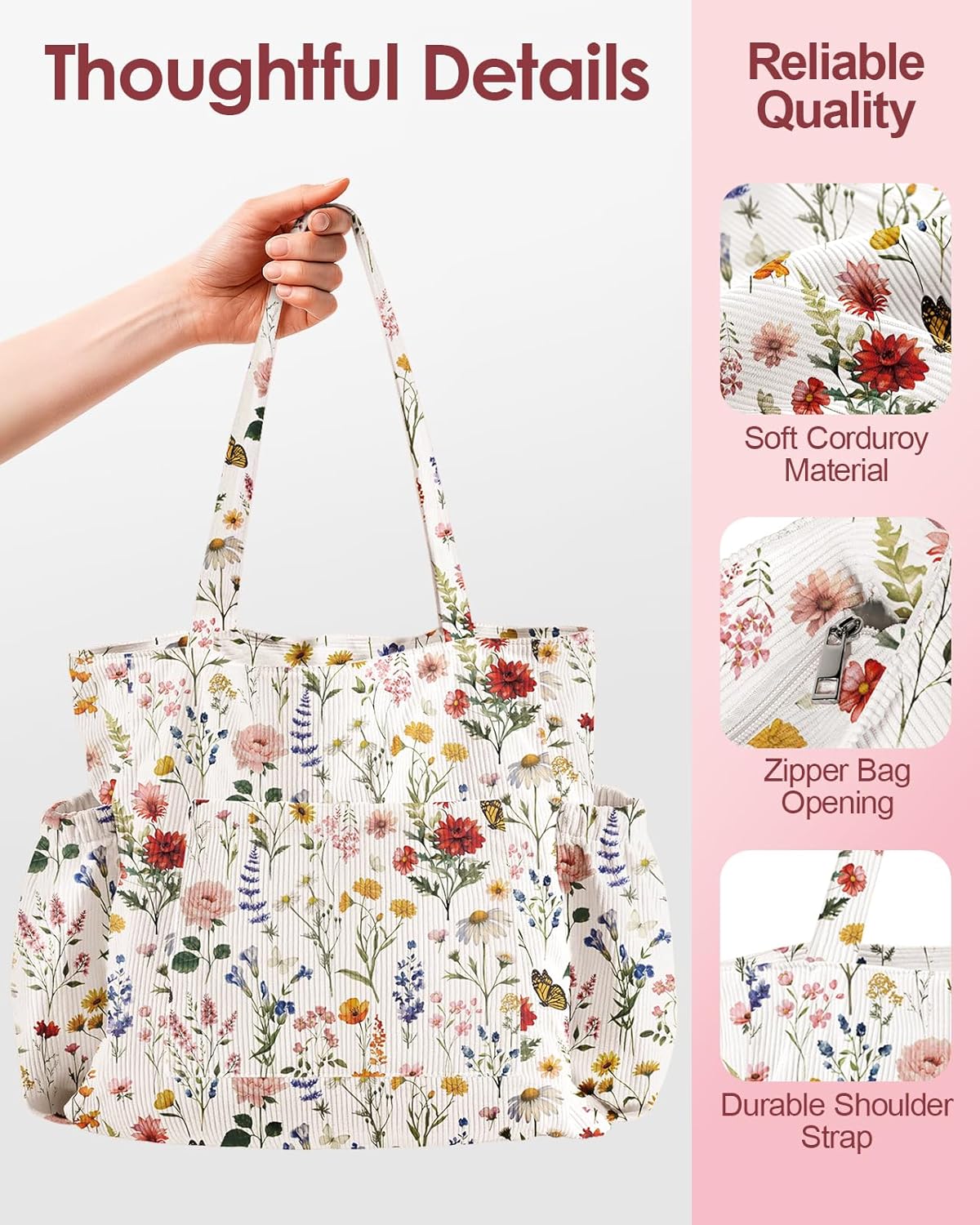 Canvas corduroy tote bag in neutral color with zipper pockets and shoulder straps — view 3