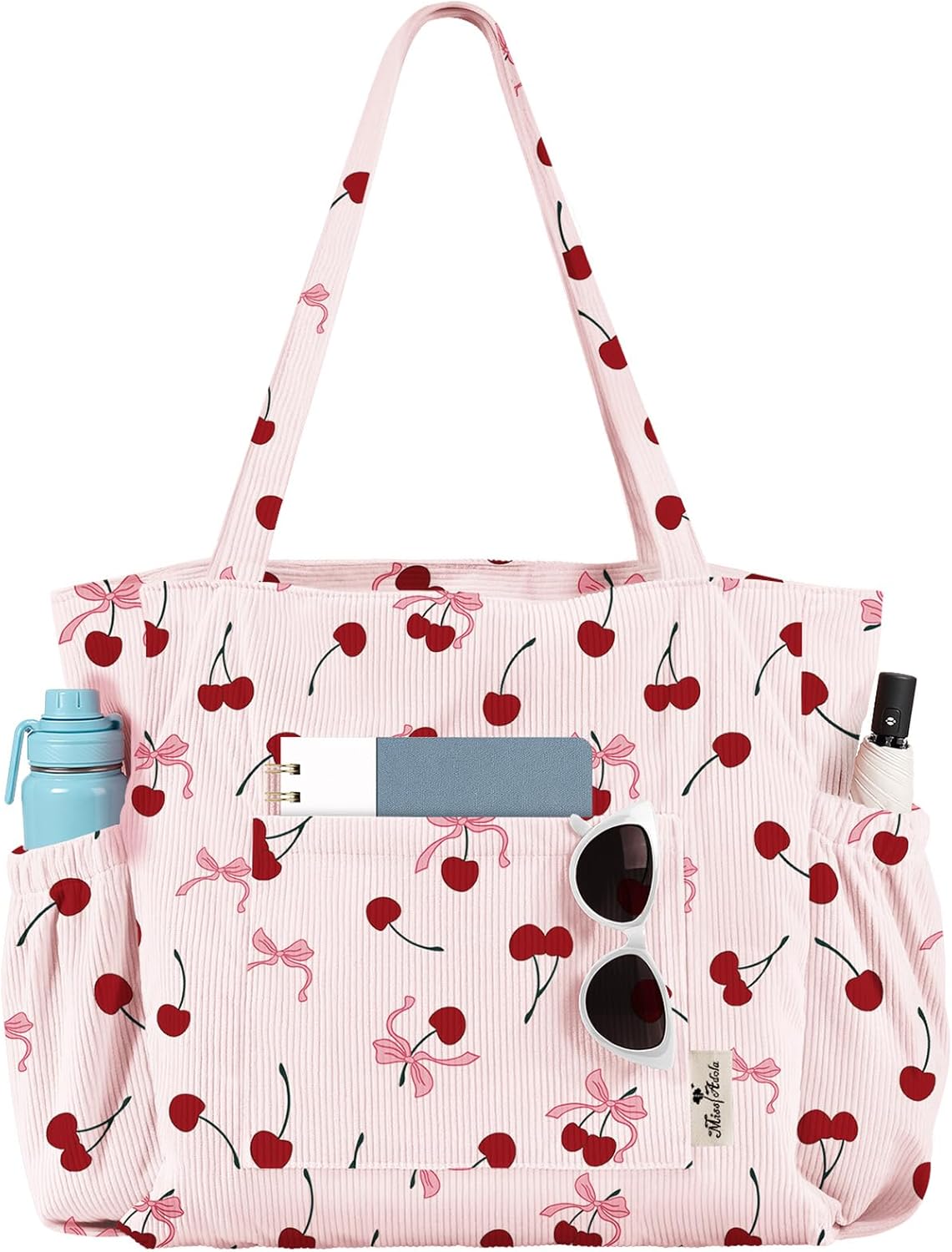 Canvas corduroy tote bag in neutral color with zipper pockets and shoulder straps — view 4