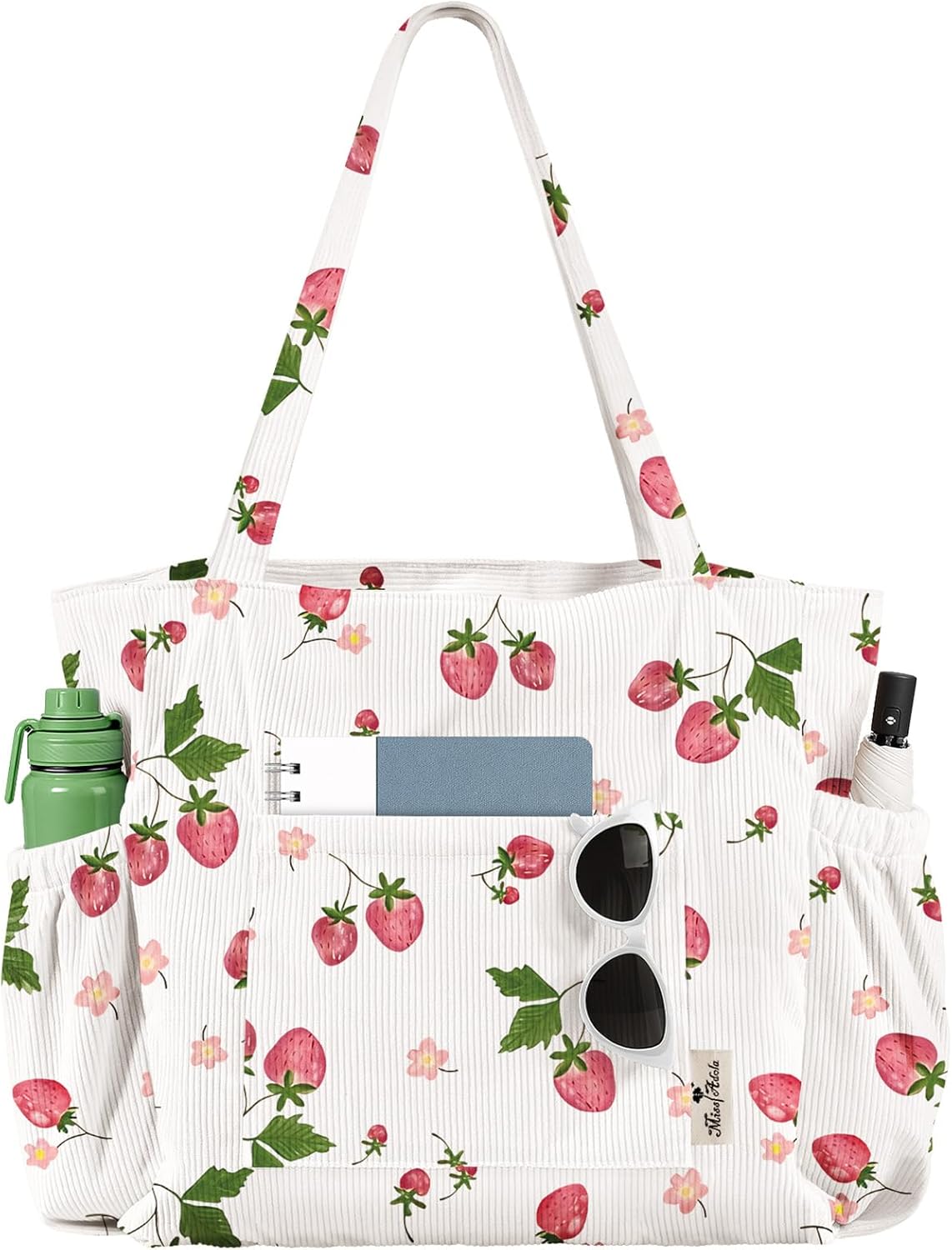 Canvas corduroy tote bag in neutral color with zipper pockets and shoulder straps — view 5