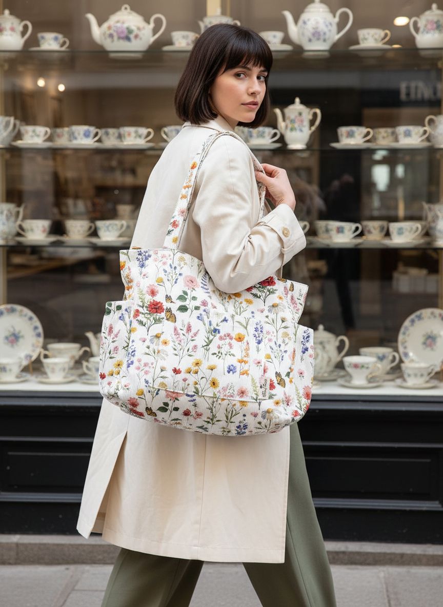 Canvas corduroy tote bag in neutral color with zipper pockets and shoulder straps — view 2