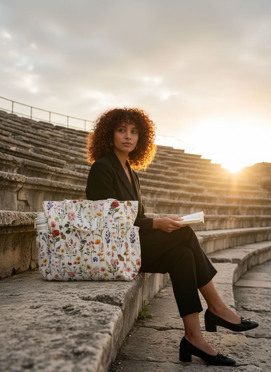 Canvas corduroy tote bag in neutral color with zipper pockets and shoulder straps — view 6