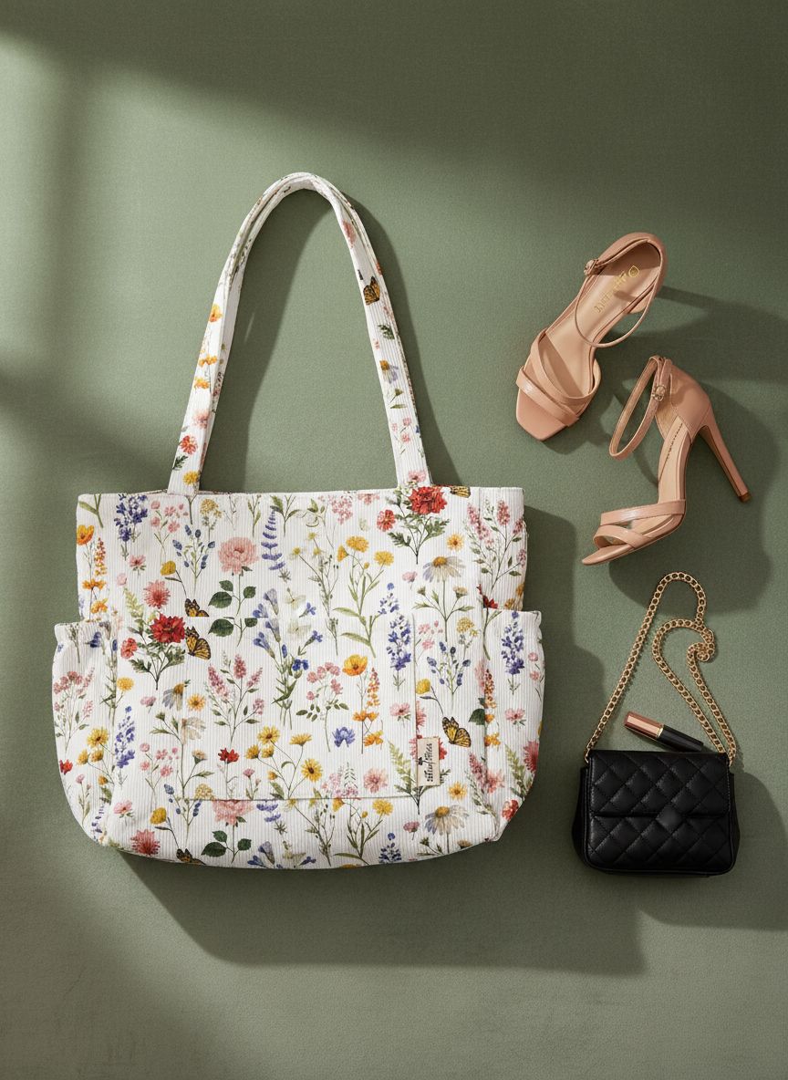 Canvas corduroy tote bag in neutral color with zipper pockets and shoulder straps — view 7a