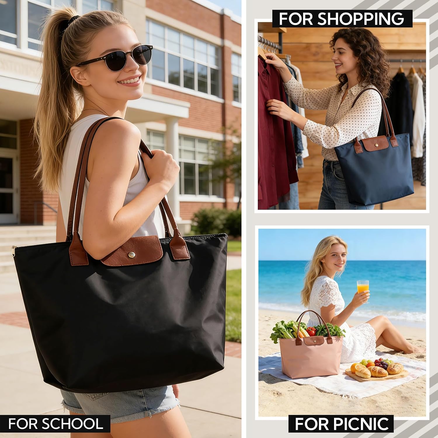 Nylon tote bag with zipper closure and interior compartments in neutral color — view 2