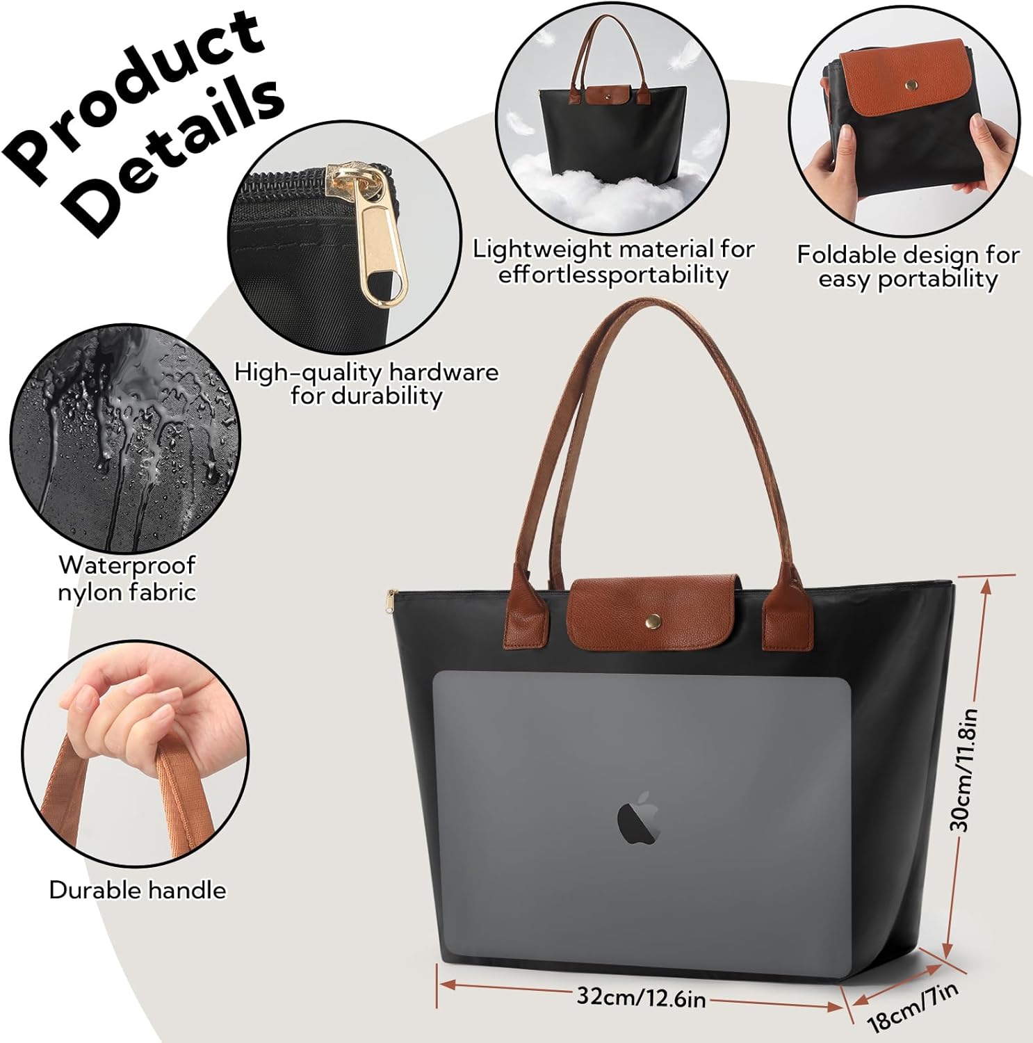 Nylon tote bag with zipper closure and interior compartments in neutral color — view 4