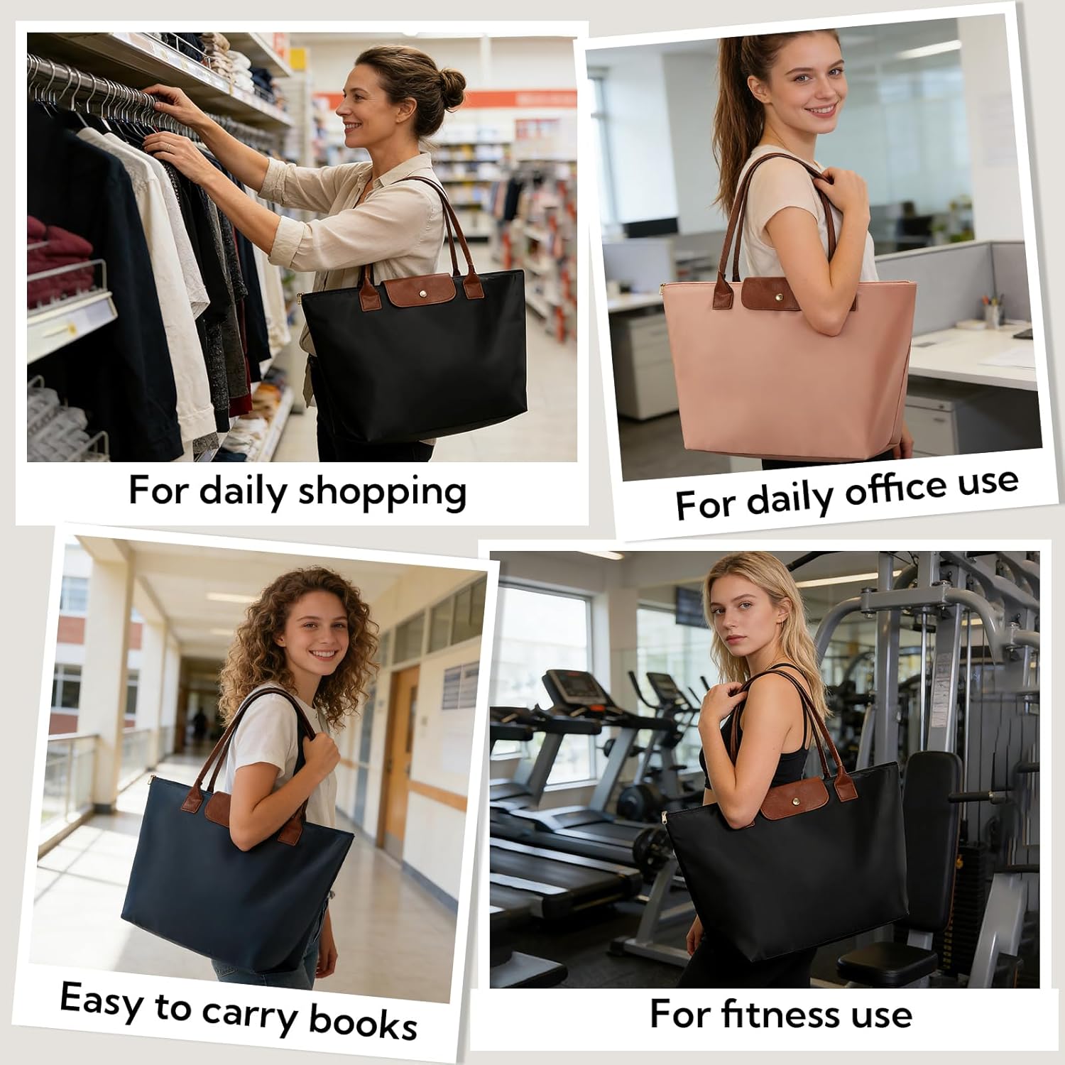 Nylon tote bag with zipper closure and interior compartments in neutral color — view 3