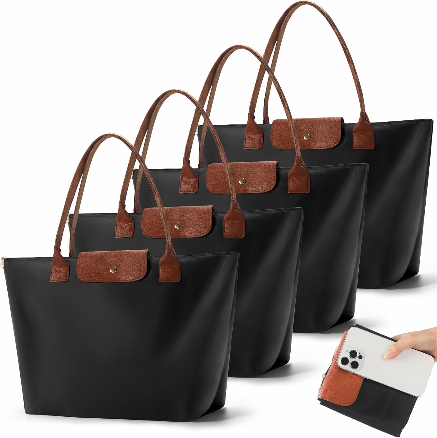 Nylon tote bag with zipper closure and interior compartments in neutral color — view 5