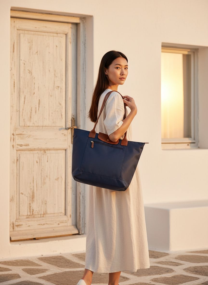 Nylon tote bag with zipper closure and interior compartments in neutral color — view 2