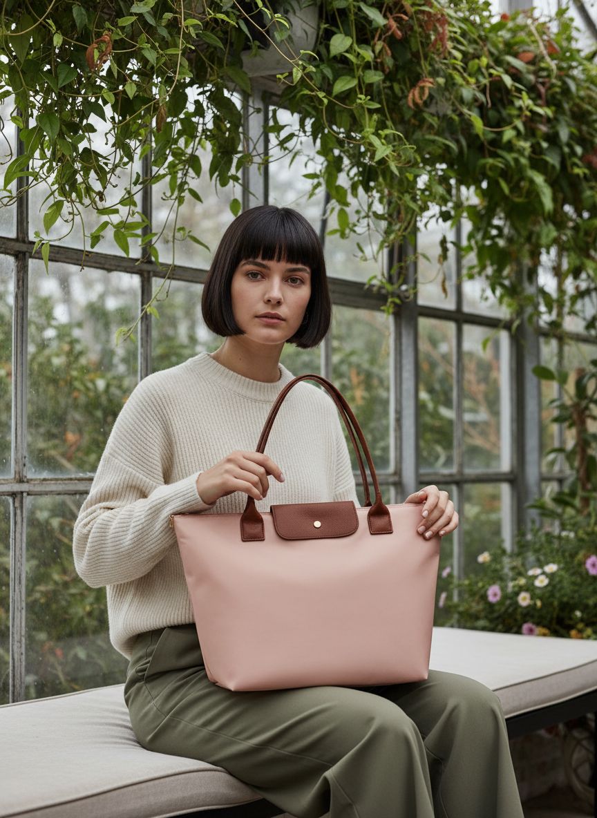 Nylon tote bag with zipper closure and interior compartments in neutral color — view 4