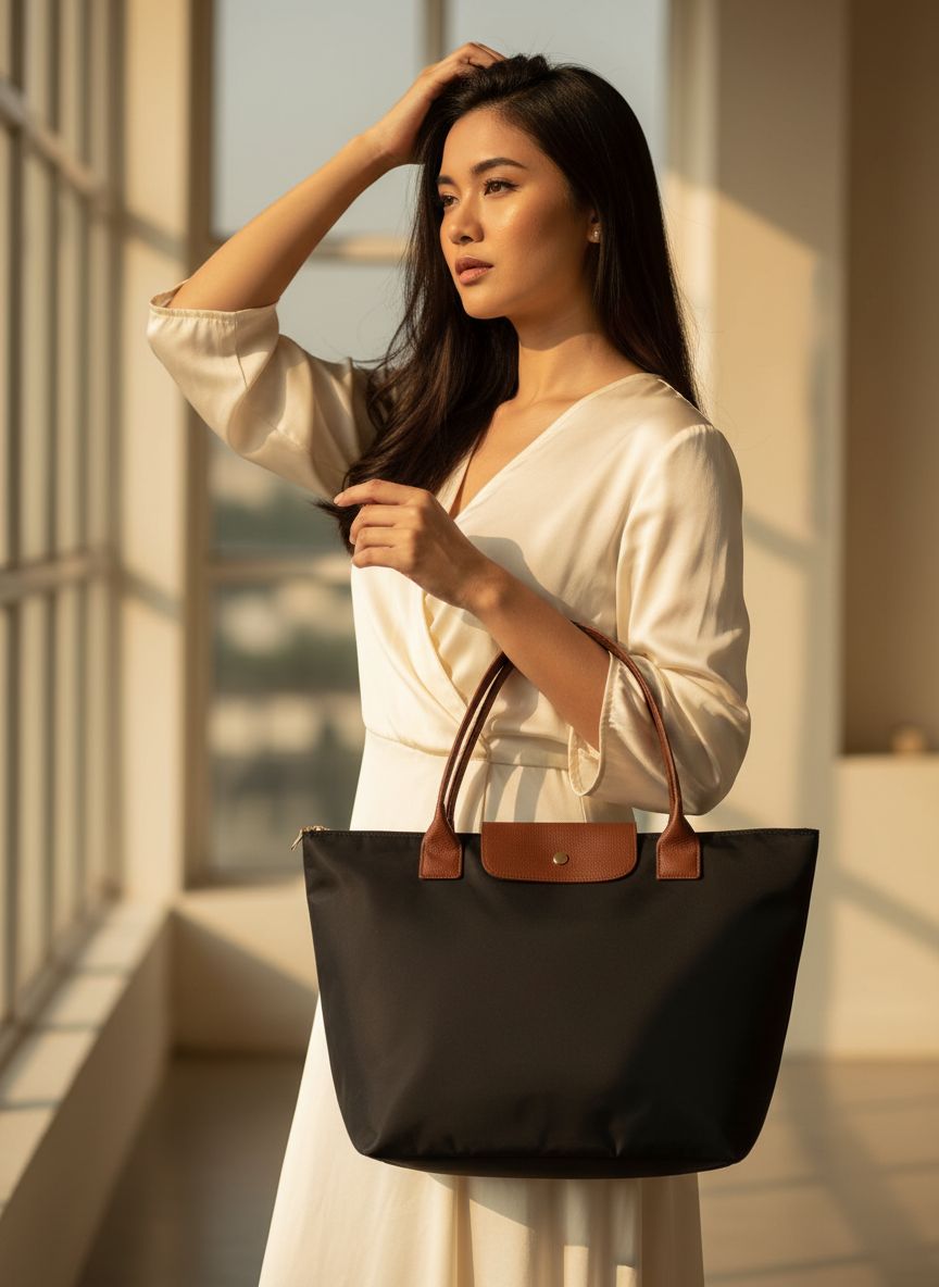 Nylon tote bag with zipper closure and interior compartments in neutral color — view 6