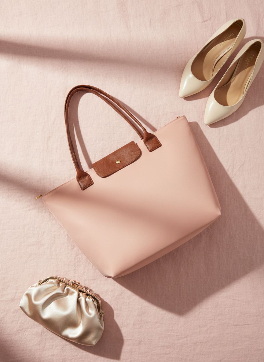 Nylon tote bag with zipper closure and interior compartments in neutral color — view 7a