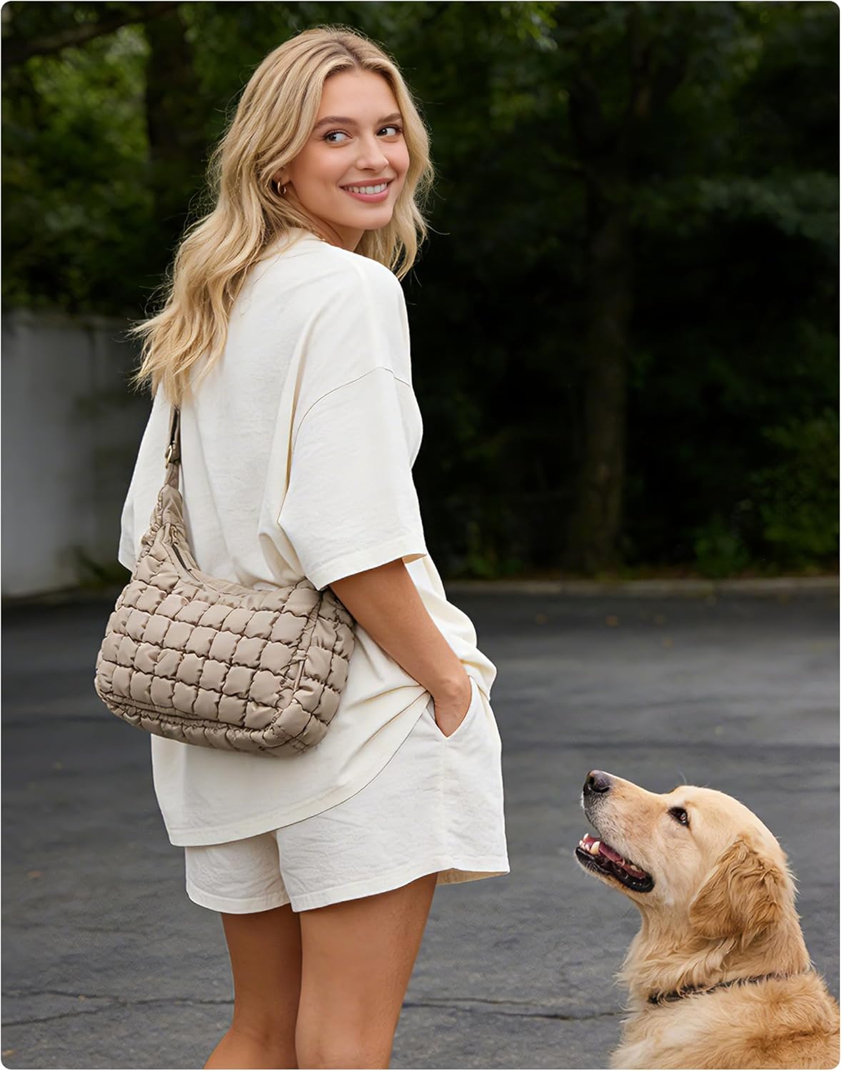 BAGSMART quilted nylon crossbody bag in neutral color, featuring adjustable strap and lightweight puffer design — view 2