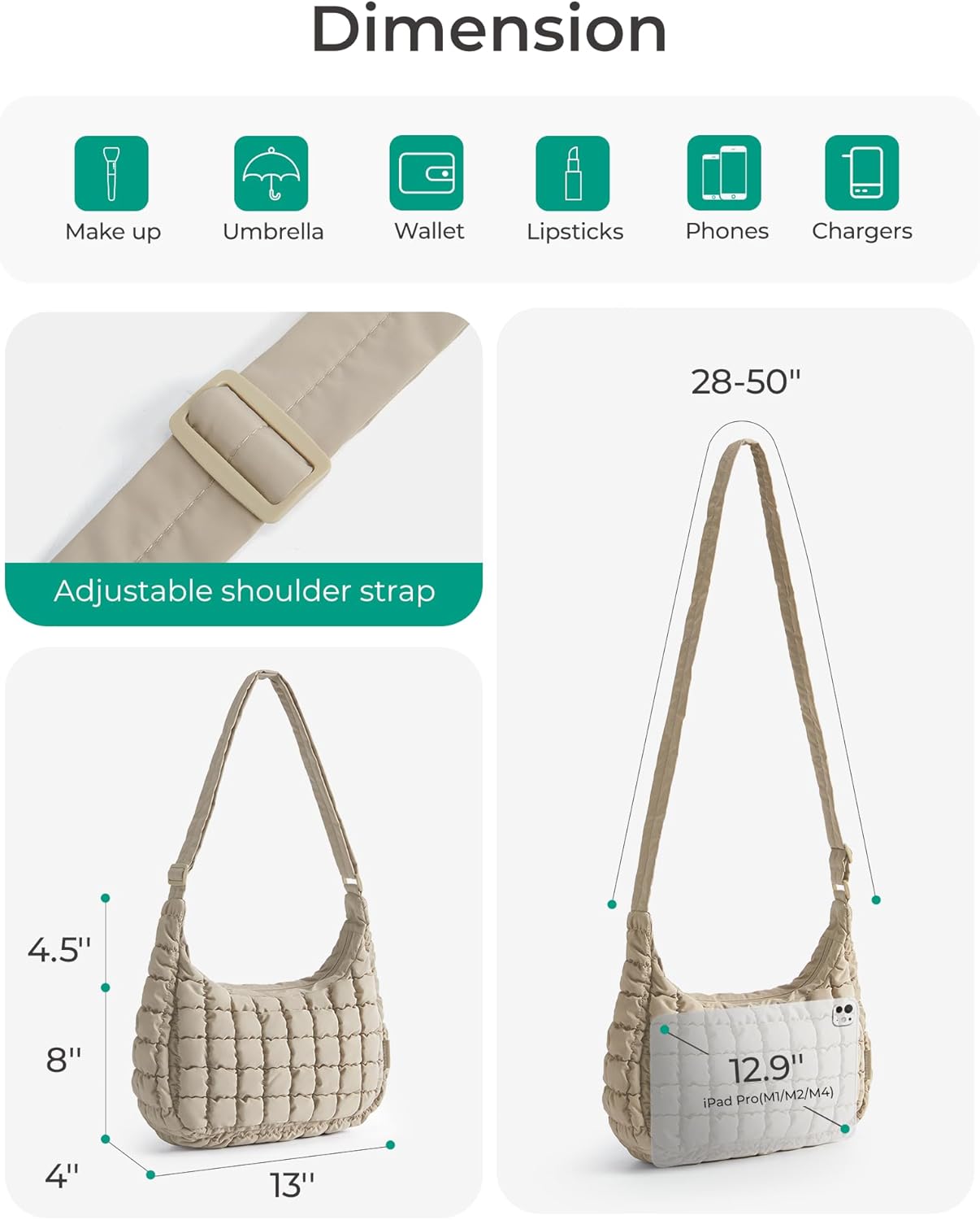 BAGSMART quilted nylon crossbody bag in neutral color, featuring adjustable strap and lightweight puffer design — view 2