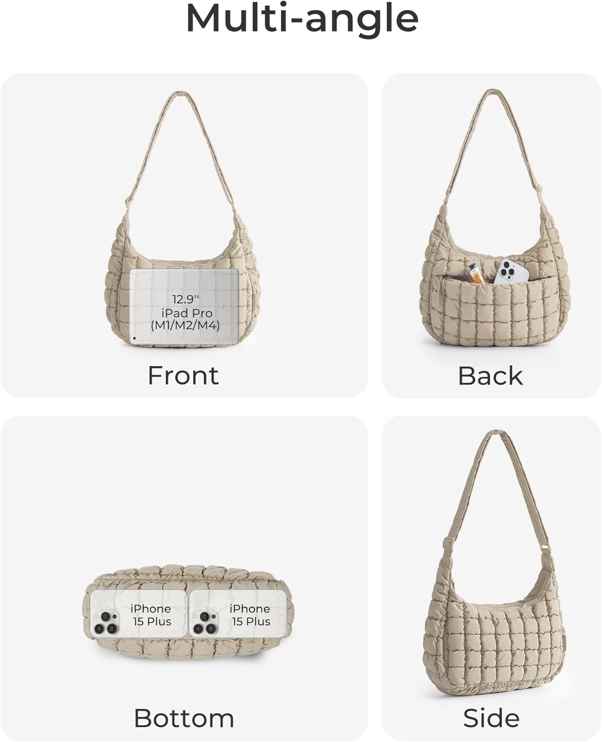 BAGSMART quilted nylon crossbody bag in neutral color, featuring adjustable strap and lightweight puffer design — view 3