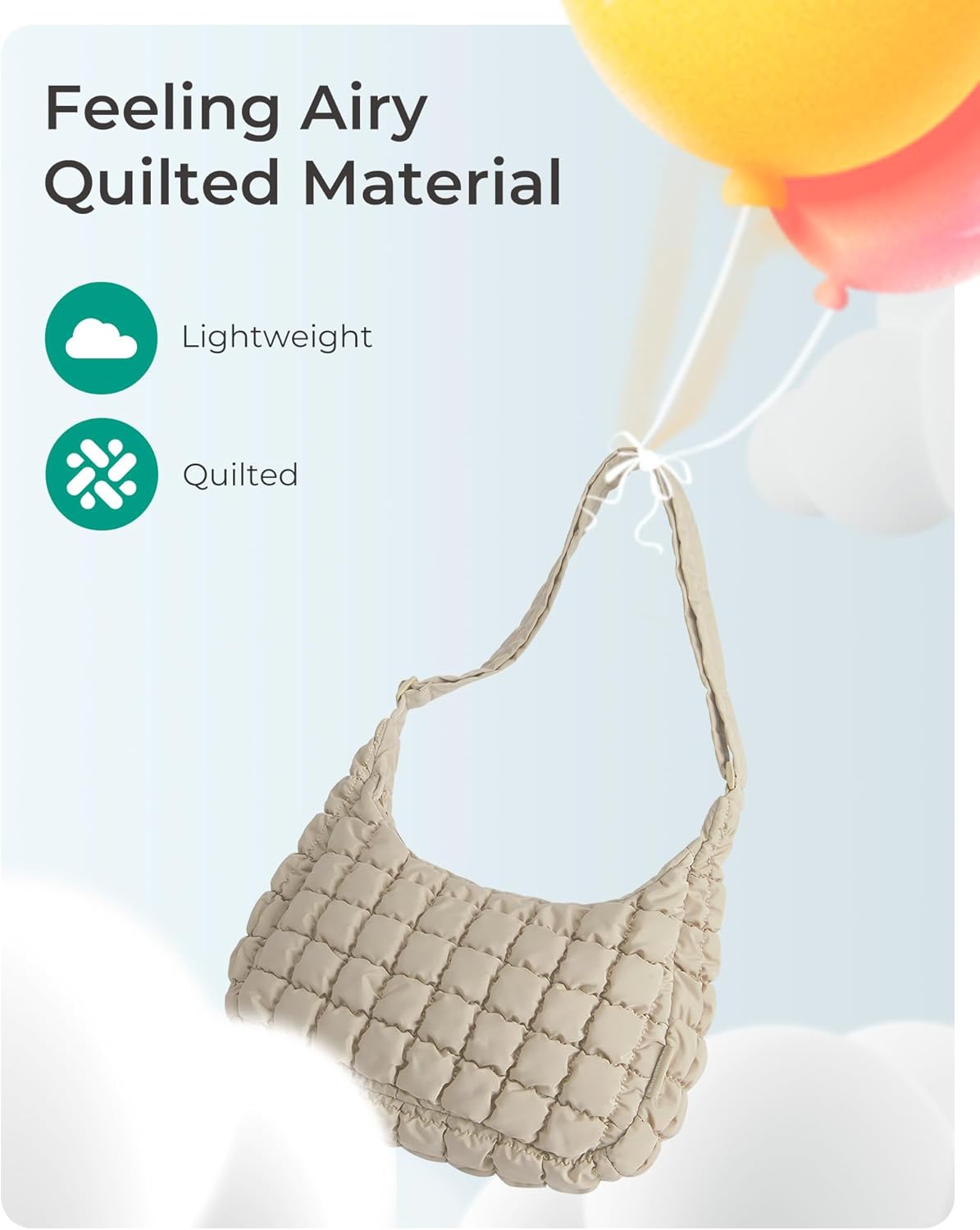BAGSMART quilted nylon crossbody bag in neutral color, featuring adjustable strap and lightweight puffer design — view 4
