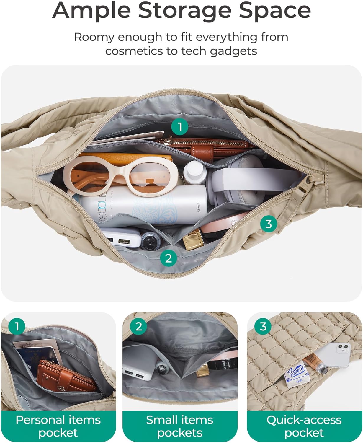 BAGSMART quilted nylon crossbody bag in neutral color, featuring adjustable strap and lightweight puffer design — view 5
