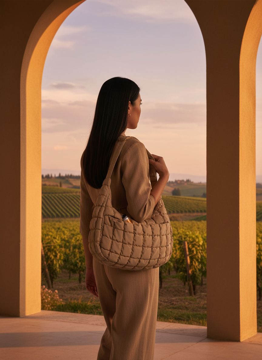 BAGSMART quilted nylon crossbody bag in neutral color, featuring adjustable strap and lightweight puffer design โ view 2