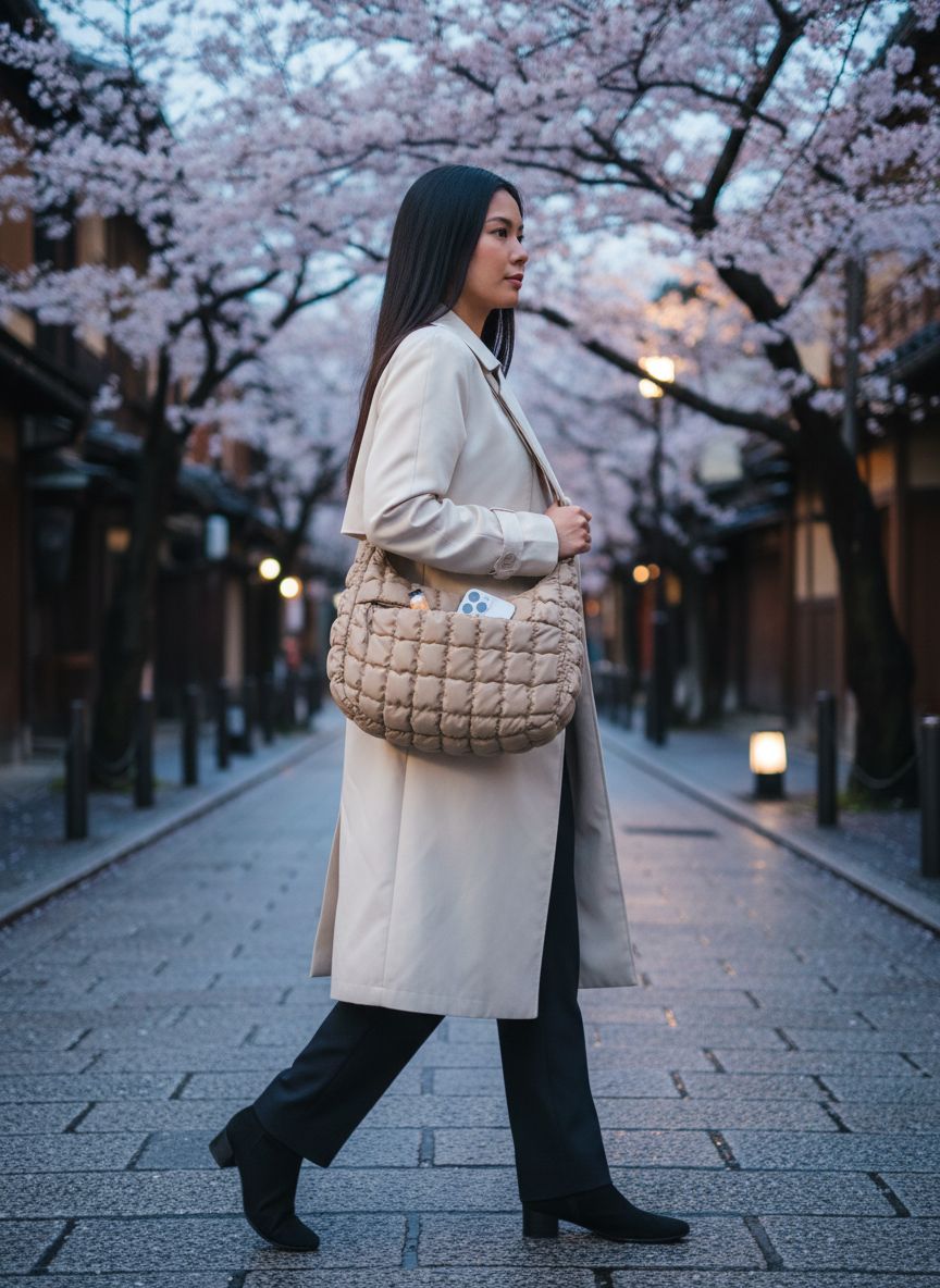 BAGSMART quilted nylon crossbody bag in neutral color, featuring adjustable strap and lightweight puffer design โ view 3