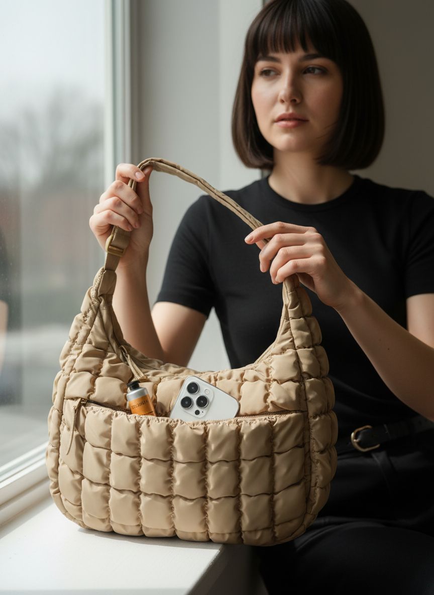 BAGSMART quilted nylon crossbody bag in neutral color, featuring adjustable strap and lightweight puffer design โ view 4