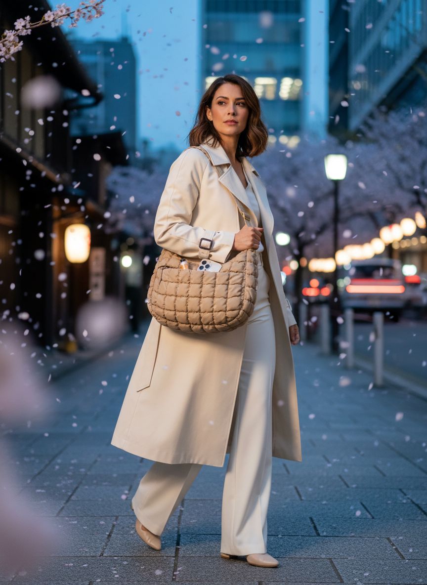 BAGSMART quilted nylon crossbody bag in neutral color, featuring adjustable strap and lightweight puffer design โ view 3a