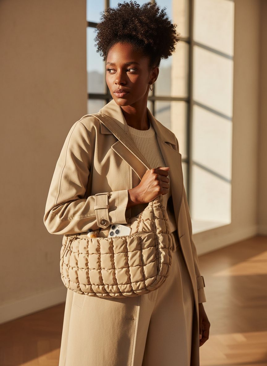 BAGSMART quilted nylon crossbody bag in neutral color, featuring adjustable strap and lightweight puffer design โ view 6