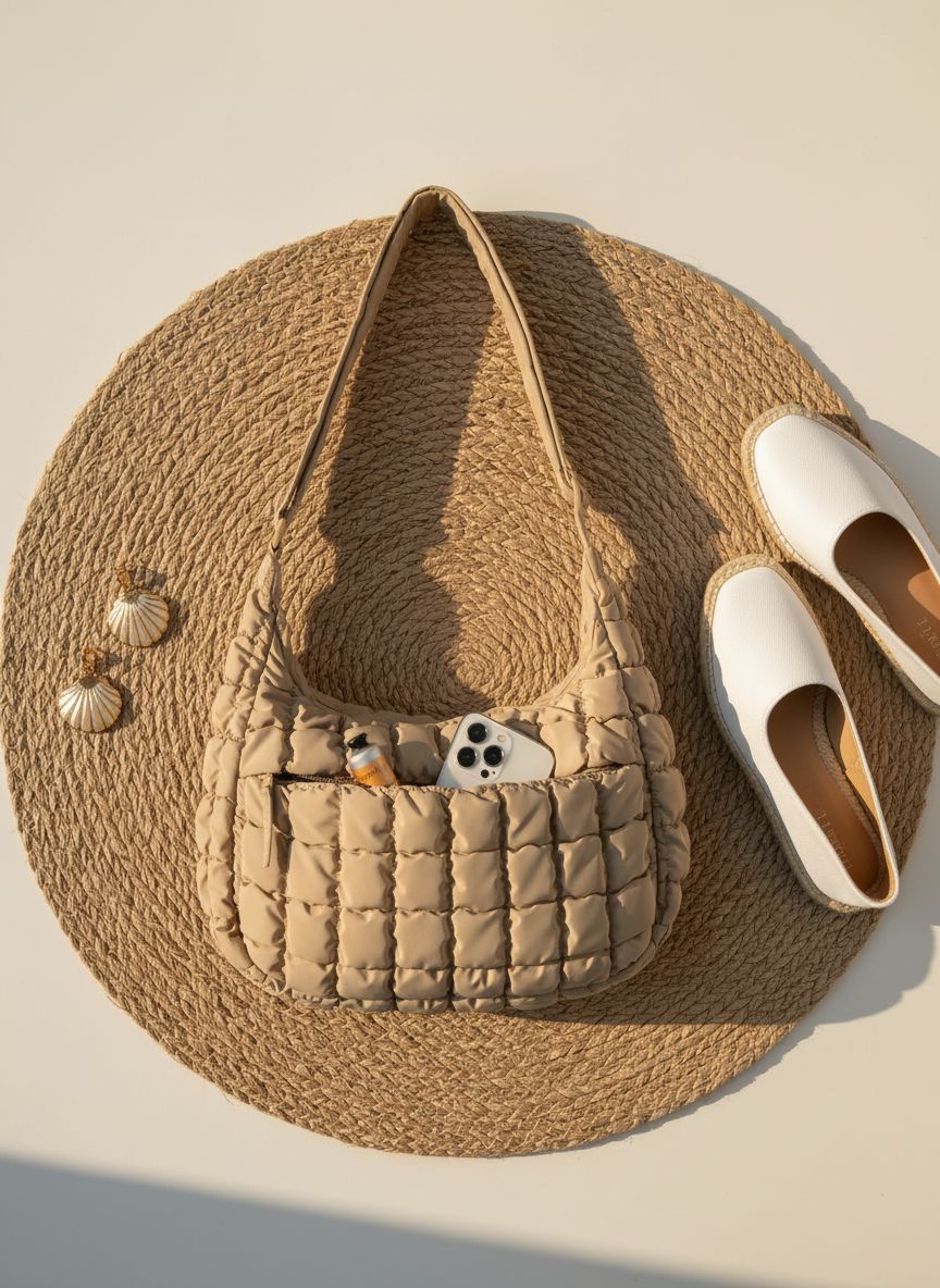 BAGSMART quilted nylon crossbody bag in neutral color, featuring adjustable strap and lightweight puffer design โ view 7a