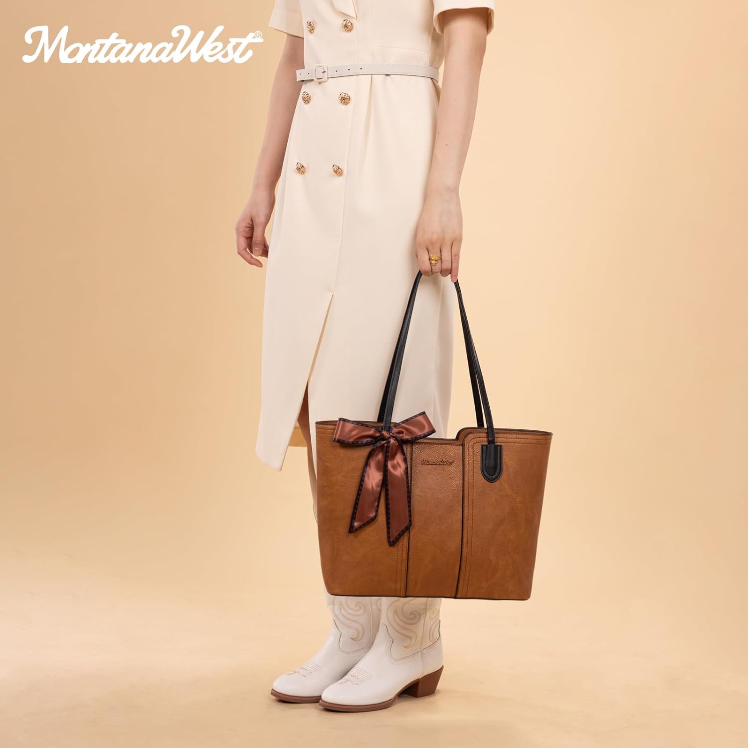 Leather top handle tote bag in neutral color — view 2