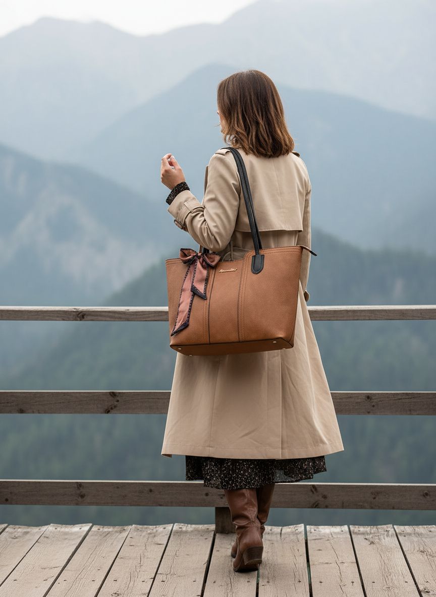 Leather top handle tote bag in neutral color — view 2