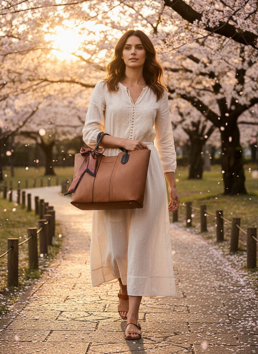 Leather top handle tote bag in neutral color — view 3a